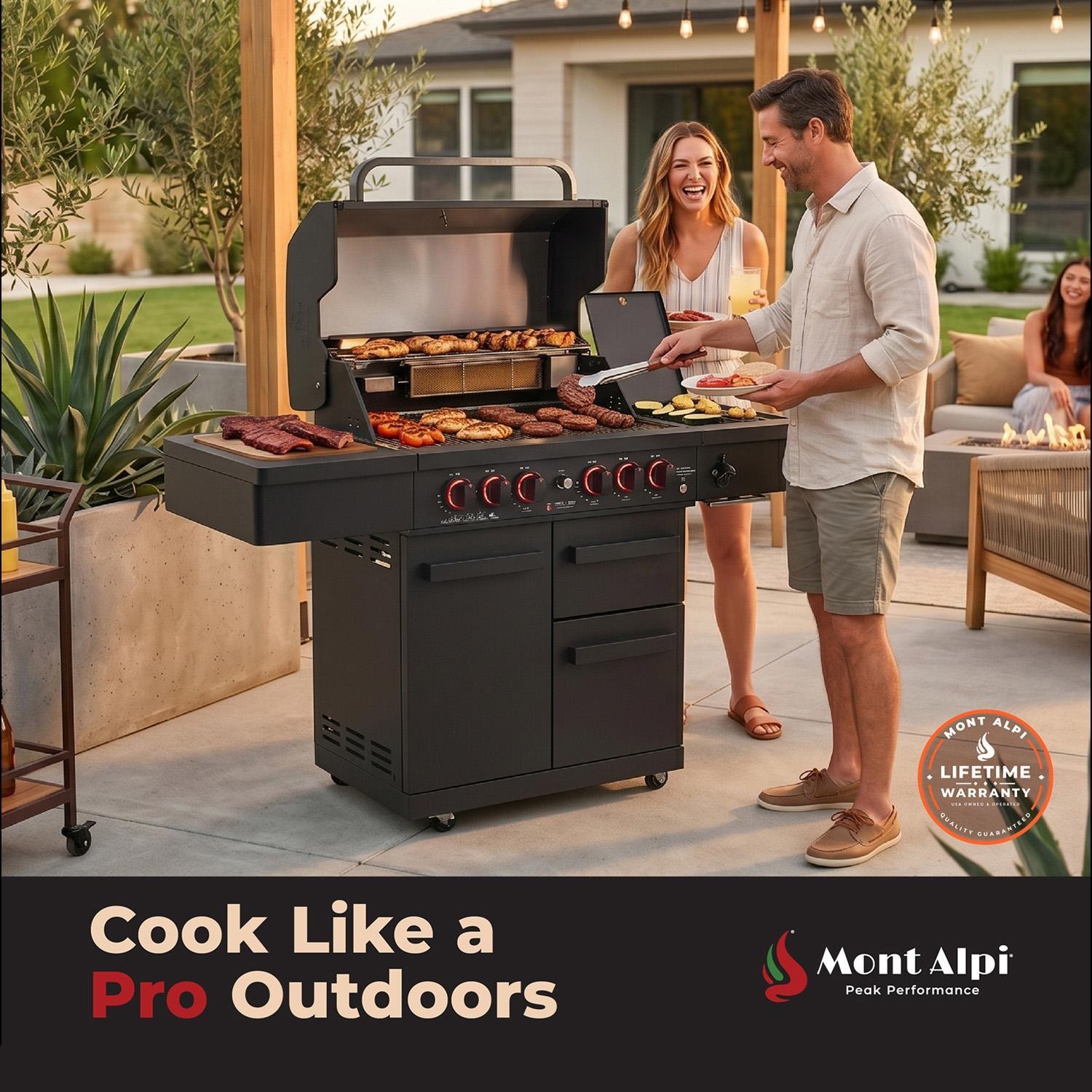 Mont Alpi MA-988 Performance Black Series 4 Burner Propane Grill - Cooking on Patio - Lifestyle thumbnail