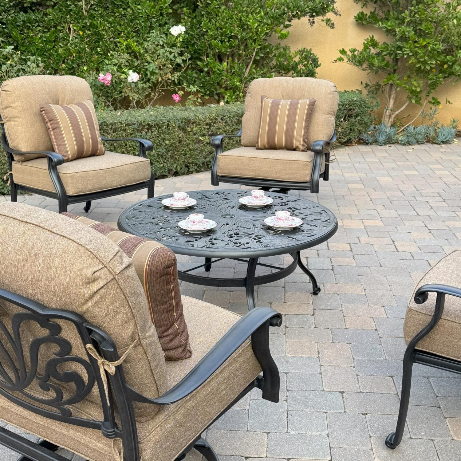 Elisabeth 5 Pc Set Cast Aluminum Seating Set w/ 42 Inch Round Table w/ 2 Swivel Club Chairs and 2 Club Chairs in Sesame/Antique Bronze by Darlee - Close Up - Lifestyle thumbnail