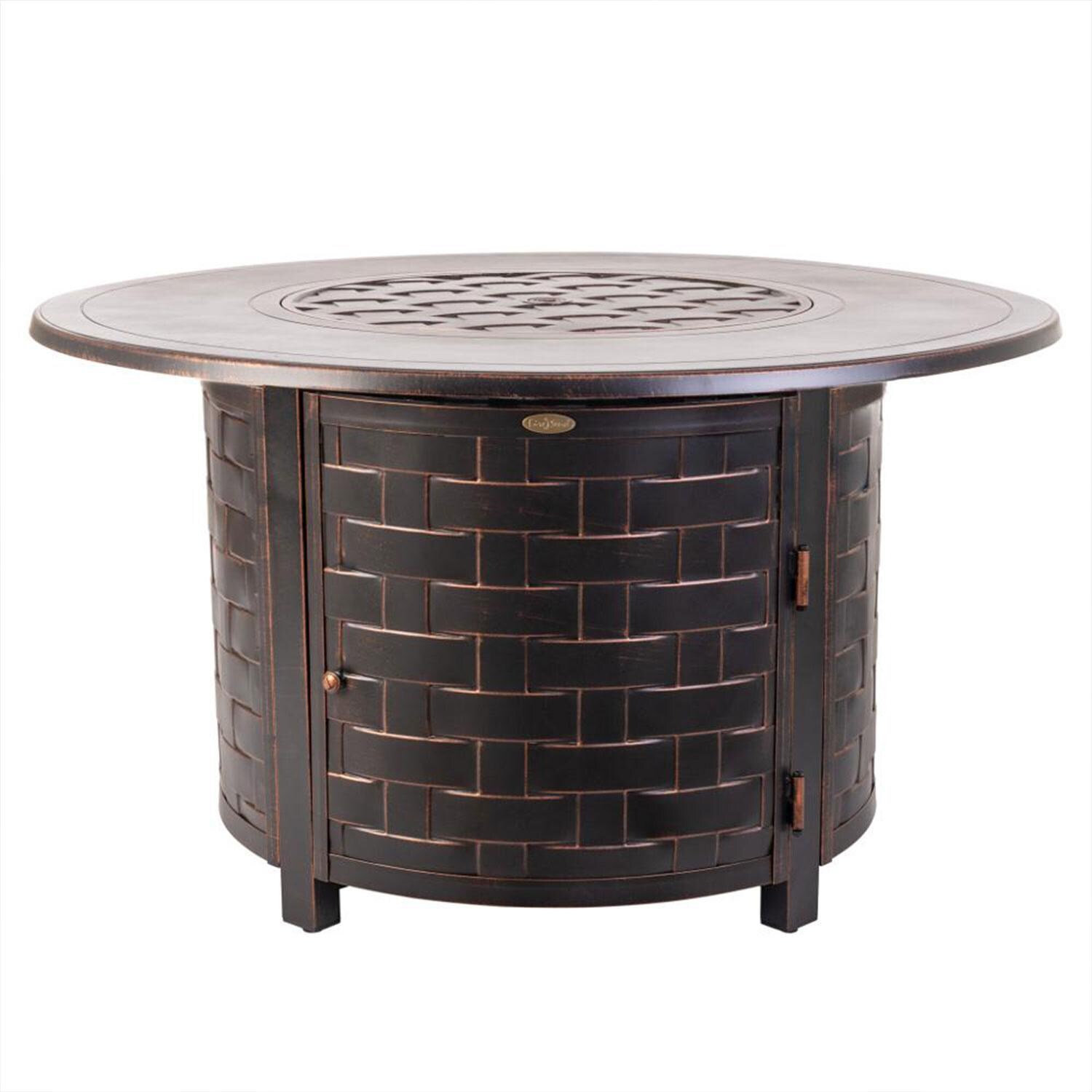 Ultimate Patio Magnolia Way 50,000 BTU Propane Round Fire Pit Table - Woven Cast Aluminum - Front View - White Background thumbnail
