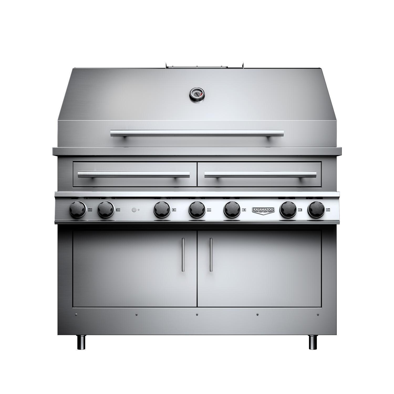 Kalamazoo K1000HB Hybrid Fire Four Burner Marine Grade Built-In Bulk Propane Grill W/ Meat, Vegetable, & Two Plancha Grill Surface Grates - Hood Closed - White Background thumbnail