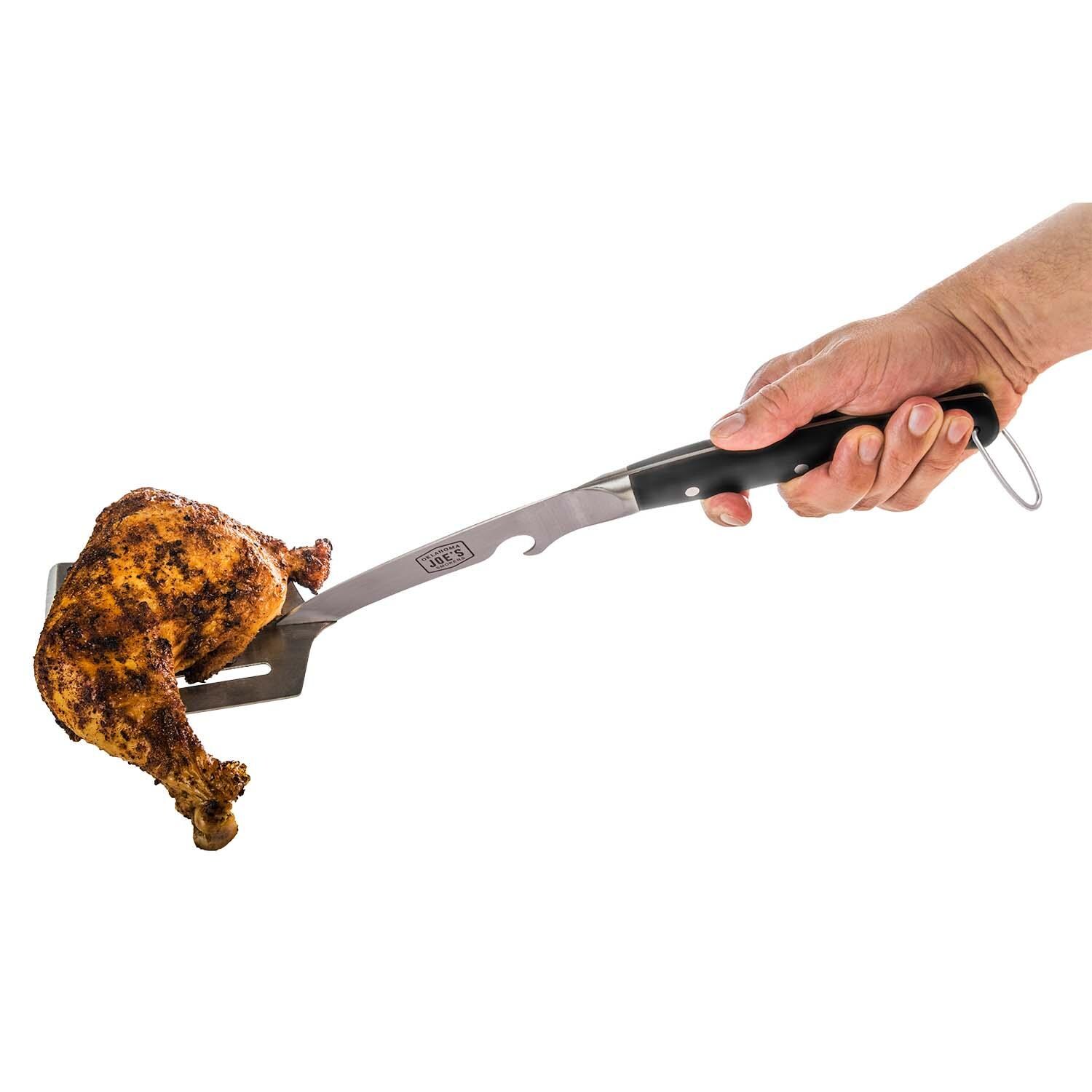 Oklahoma Joe's 7826131R06 Blacksmith 2 Pc Spatula & Tong Set - Spatula In Use - White Background thumbnail