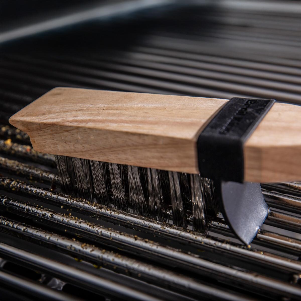 Broil King Wood Grill Brush w/ Heavy/ Long Stainless Steel Bristles - 65229 - In Use - Detail thumbnail