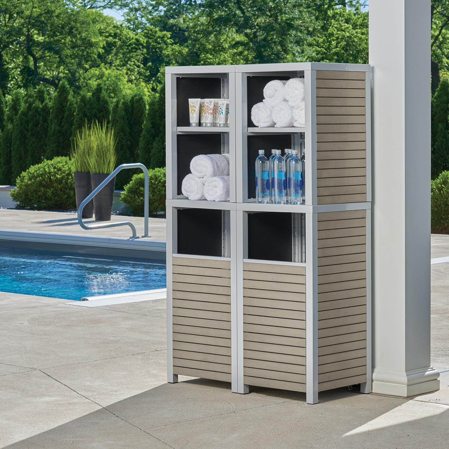 Oxford Garden Travira Vintage Tekwood Trash Receptacle - 2 Shelves & 2nd Receptacle thumbnail