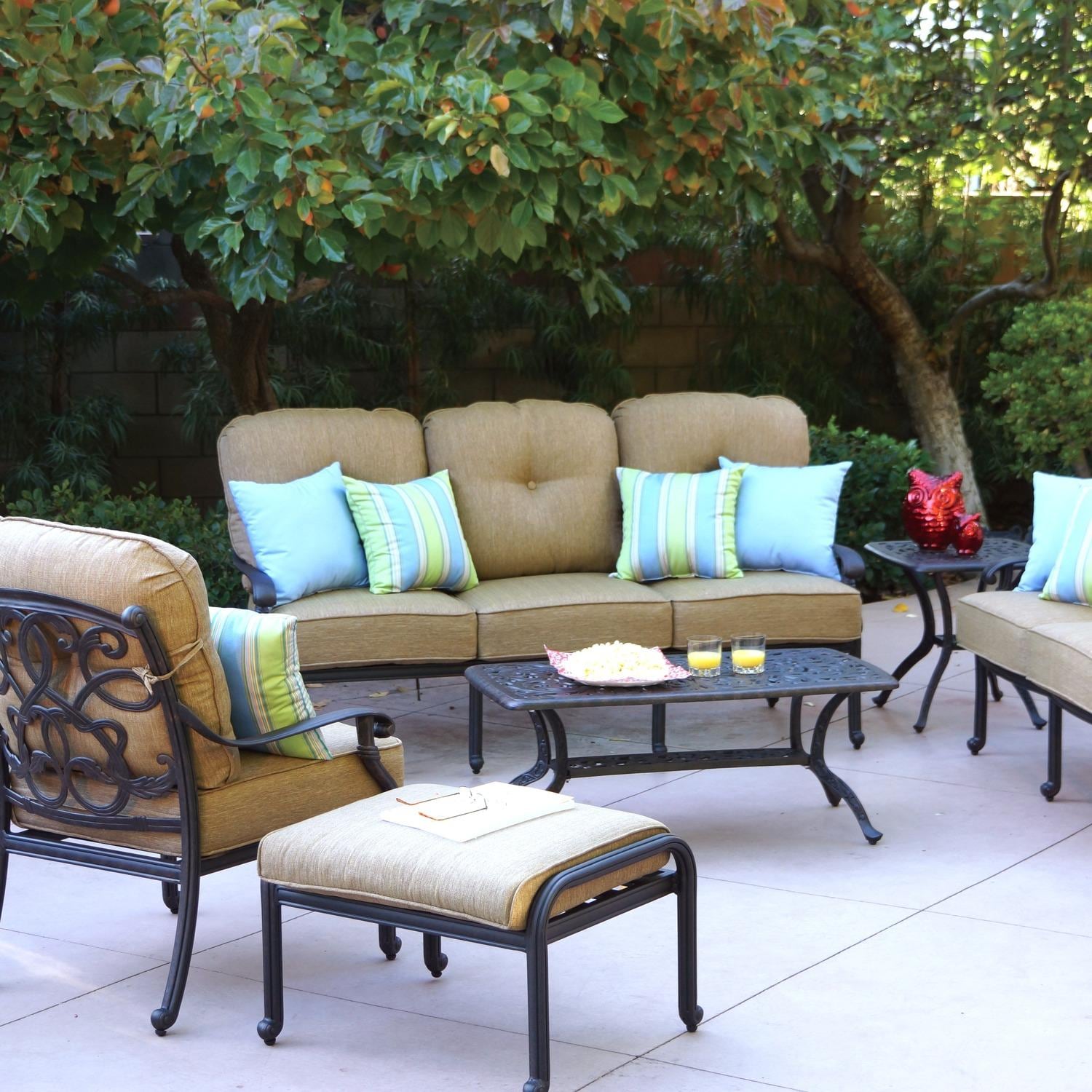 Darlee Santa Monica 7 Pc Cast Aluminum Seating Set w/ Series 80 Table in Antique Bronze/Beige Canvas by - B/DL2058-7PCD-80ABS