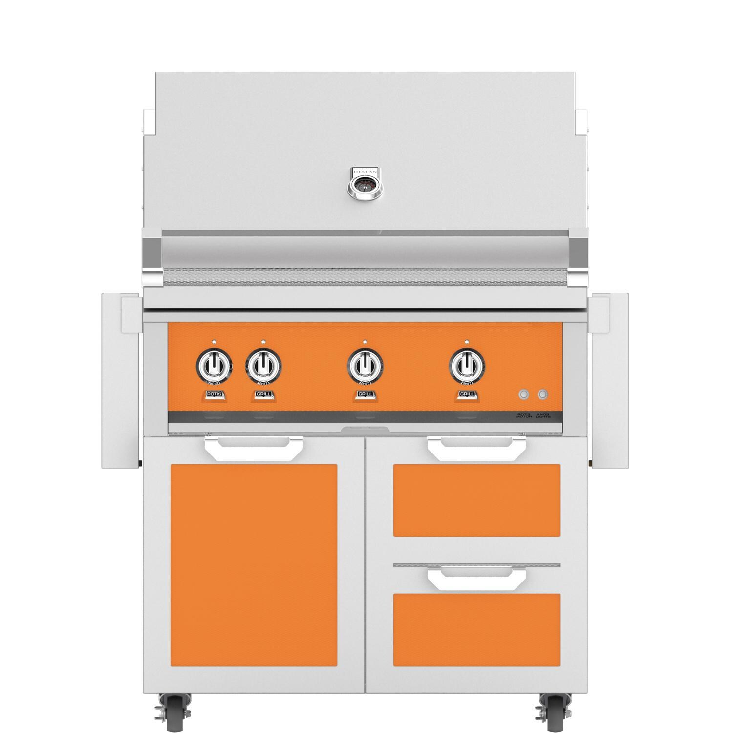 Hestan 36-Inch Propane Gas Grill W/ All Infrared Burners & Rotisserie On Double Drawer & Door Tower Cart - Citra - GSBR36-LP-OR