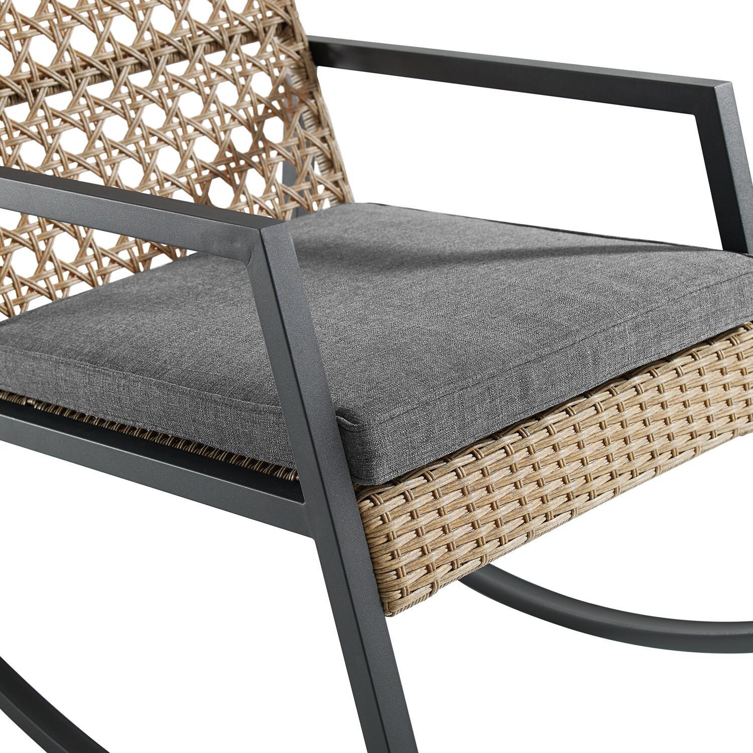 Ultimate Patio Pointebell Rattan & Steel Patio Rocking Chair W/ Gray Cushion - Brown - Seat Detail thumbnail