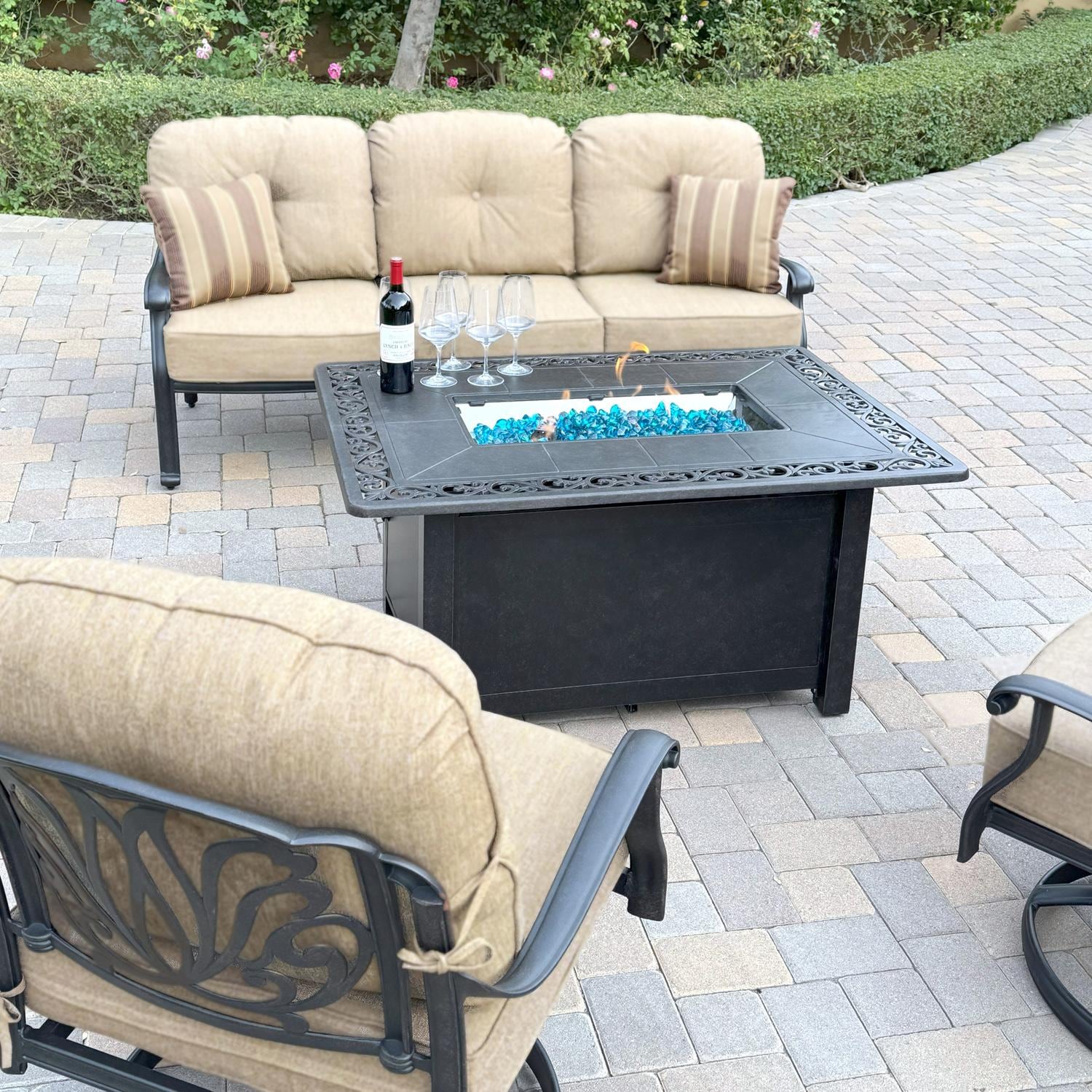 Darlee Elisabeth 4-Pc Cast Aluminum Fire Pit Seating Set w/ Swivel Chairs and Sofa in Antique Bronze/Beige - Set - Up Close - Lifestyle thumbnail