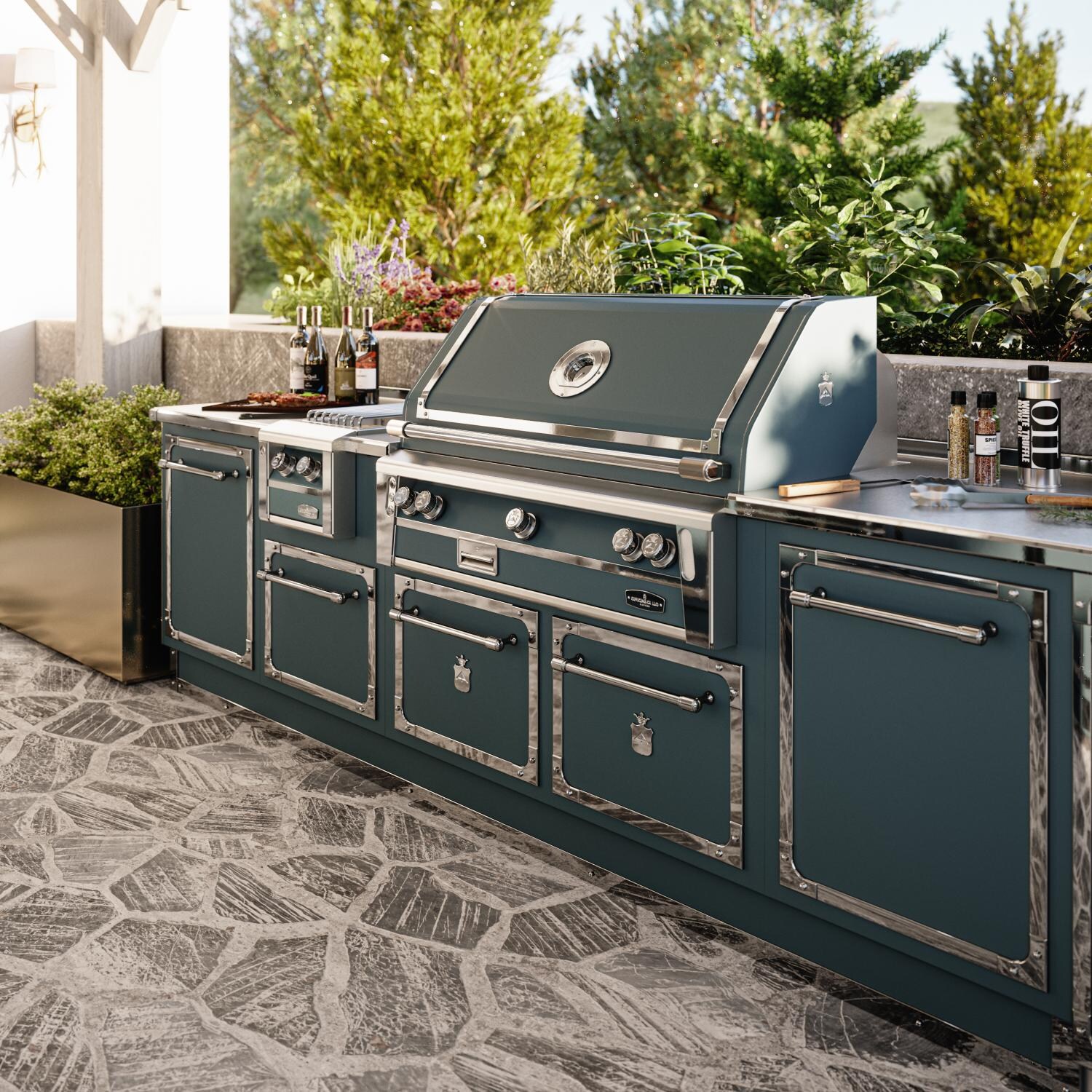 Officine Gullo BBQ42BI05 42-Inch OG Professional Propane Grill in Arancia di Sicilia - Built-In Grill Shown From The Front in Peacock Plume - Lifestyle thumbnail