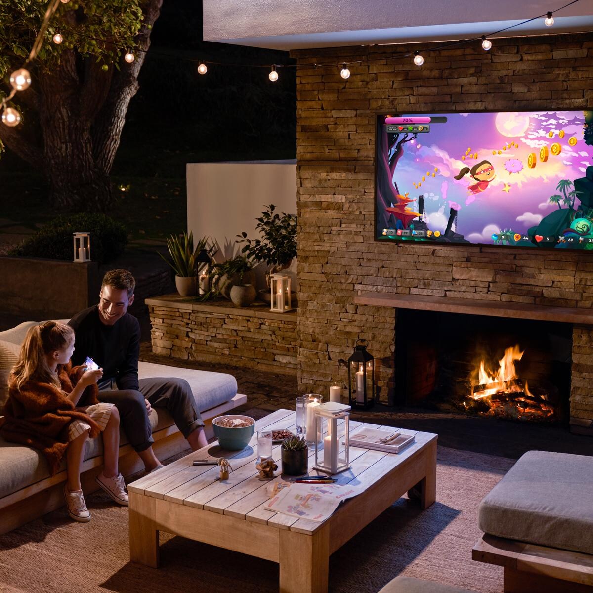 Samsung QN75LST9TAFXZA The Terrace 75 Inch Full Sun Smart TV - Camping Out - Lifestyle thumbnail