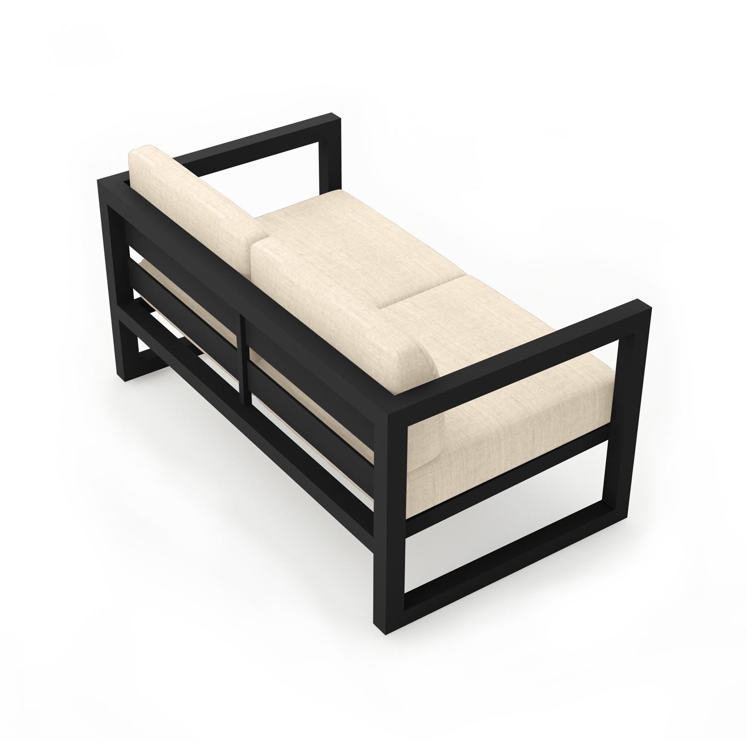 Lakeview MSTYCV-BK-LS-CF Misty Cove 2 Person Aluminum Loveseat in Black w/Canvas Flax Cushions by Lakeview Outdoor Designs - Angled Back - White Background thumbnail