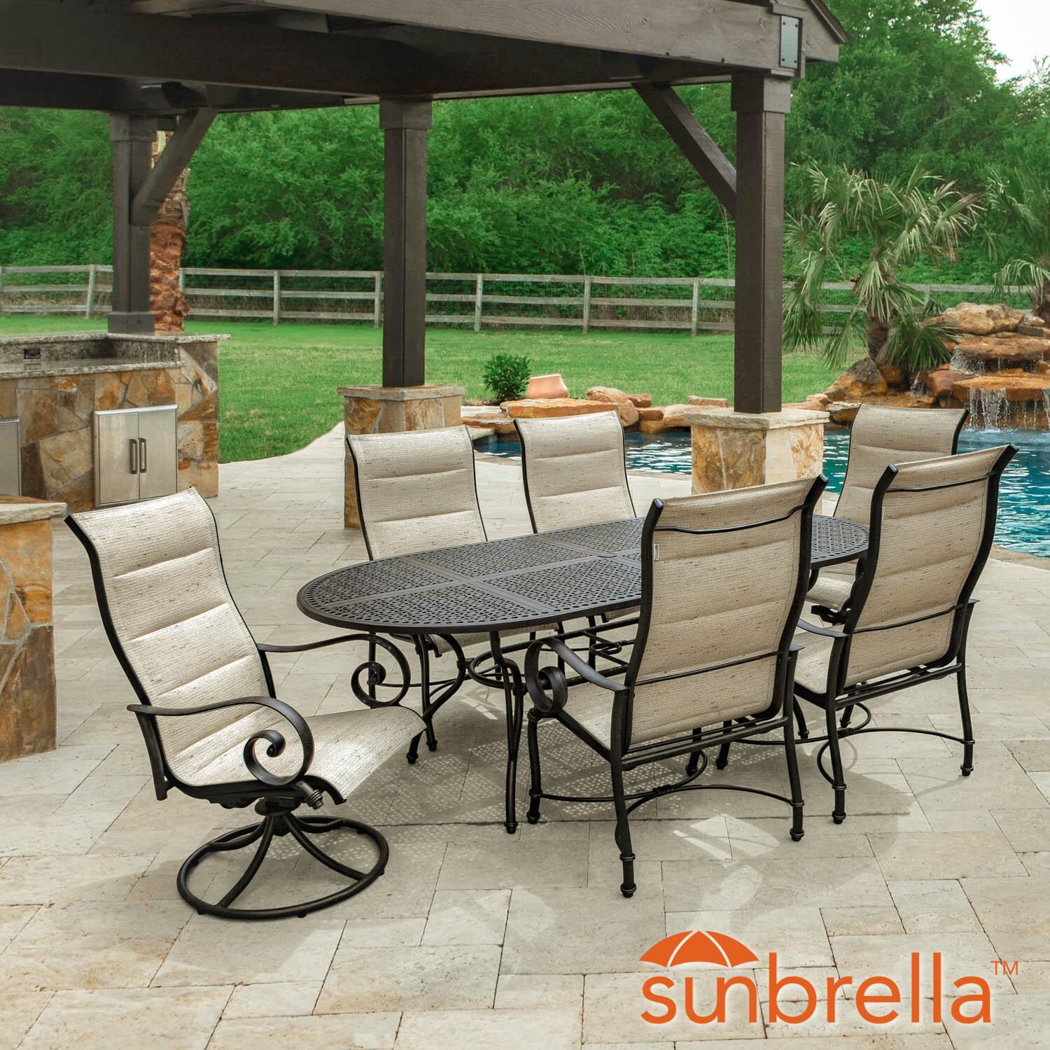 Elysian 7 Piece Padded Sunbrella Sling Patio Dining Set W/ 84-Inch Oval Table & 2 Swivel Rockers By Lakeview Outdoor Designs
