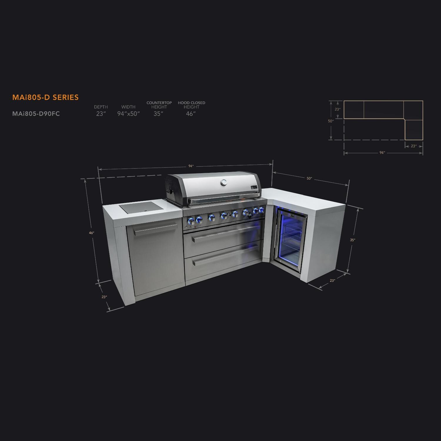 Mont Alpi MAi805-D90FC Deluxe 90 Degree Natural Gas Island Grill W/ Refrigerator Cabinet - Dimensions thumbnail