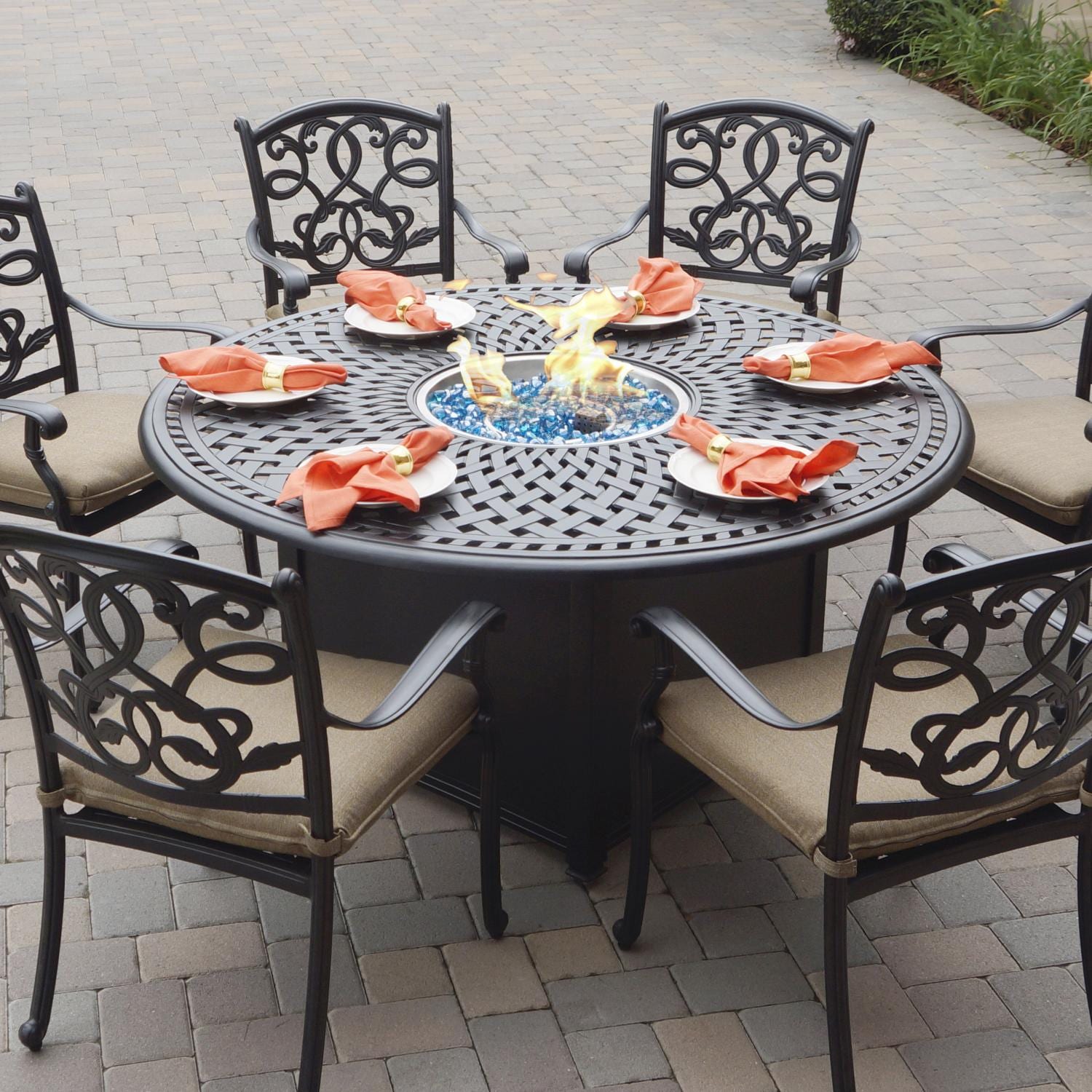Signature 60-in Round Cast Aluminum Propane Fire Pit Dining Table in Antique Bronze by Darlee - Shown w/ Chairs (Not Included) & Lid Off - Lifestyle thumbnail