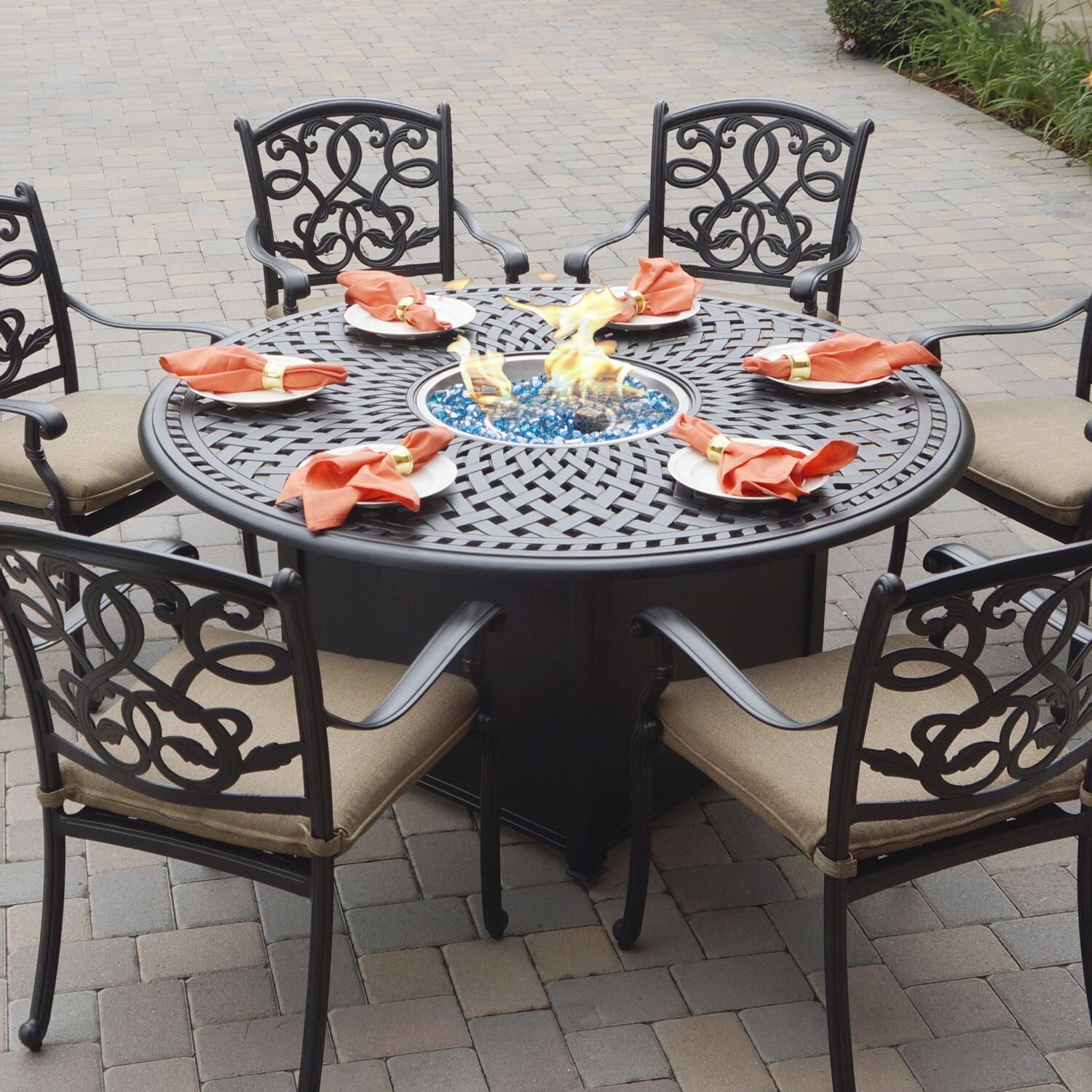 Signature 60-in Round Cast Aluminum Propane Fire Pit Dining Table in Antique Bronze by Darlee - Shown w/ Chairs (Not Included) & Lid Off - Lifestyle thumbnail