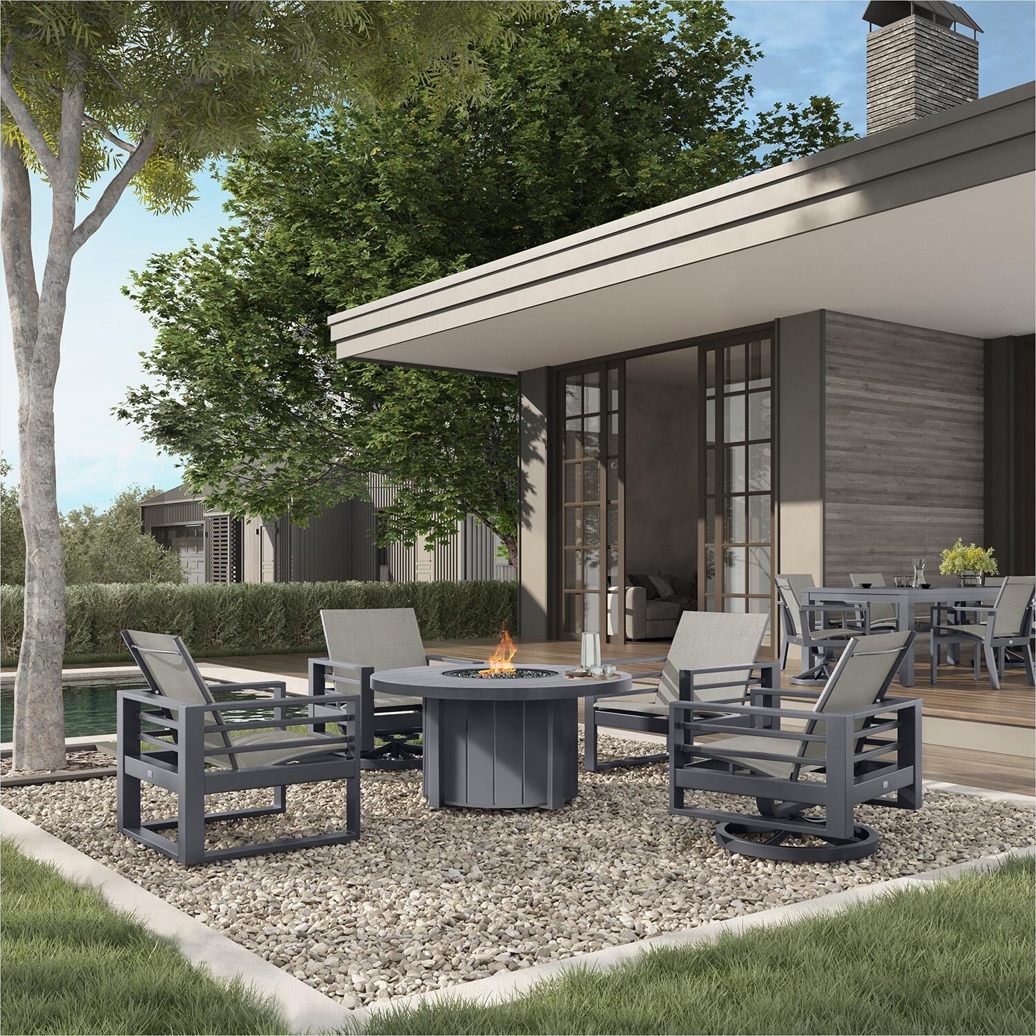 Palermo 5 Pc Aluminum Seating Set W/ Fire Pit in Graphite W/ Harbor Pebble Sling By Ebel - Lifestyle thumbnail
