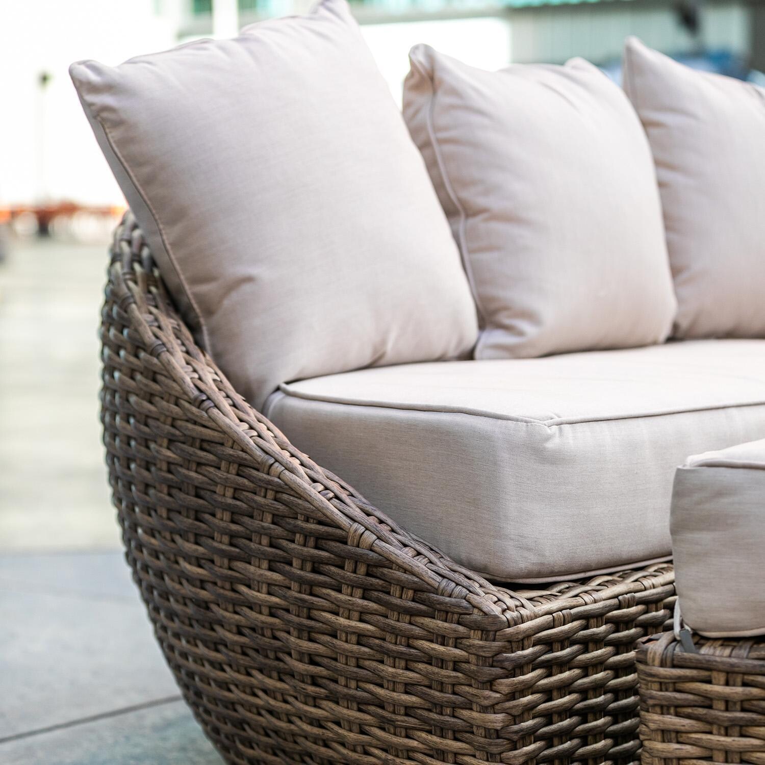 Sunset West - SW1701-99OT-FX-STKIT - Havana 69.5-Inch Round Resin Wicker Patio Daybed W/ Sunbrella Canvas Flax Cushions - Front Corner - Lifestyle thumbnail