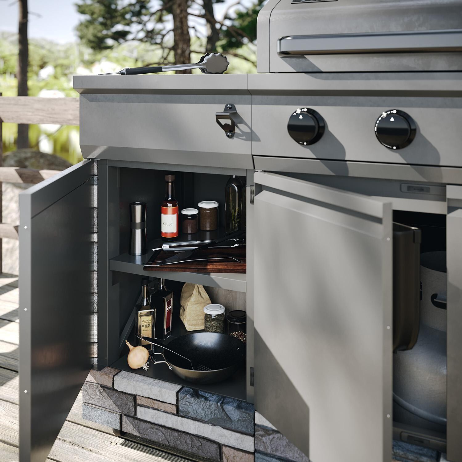 TYTUS Fresno Series Gunmetal Gray & Ash Stacked Stone Natural Gas Grill Island (Ships Propane w/ Conversion Kit) - Left Cabinet - Open - Lifestyle thumbnail