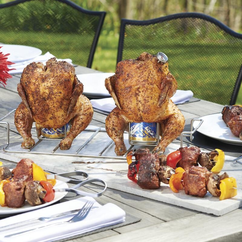 Napoleon 4-Piece Meat Lover BBQ Starter Kit - Beer Can Chicken Roaster & Skewers In Use thumbnail