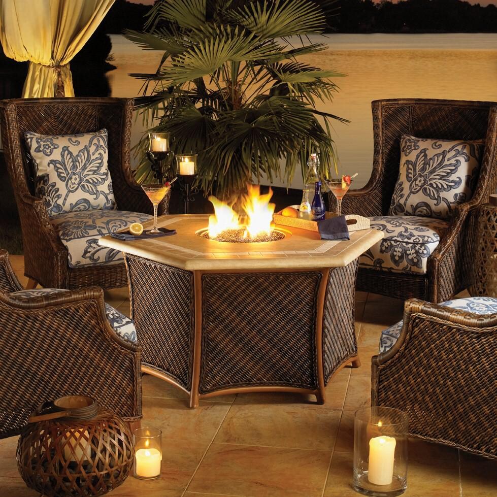 Tommy Bahama 3170-920FG Island Estate Lanai Wicker Propane Fire Pit Table w/ Weatherstone Top & Remote Control - On the Patio thumbnail