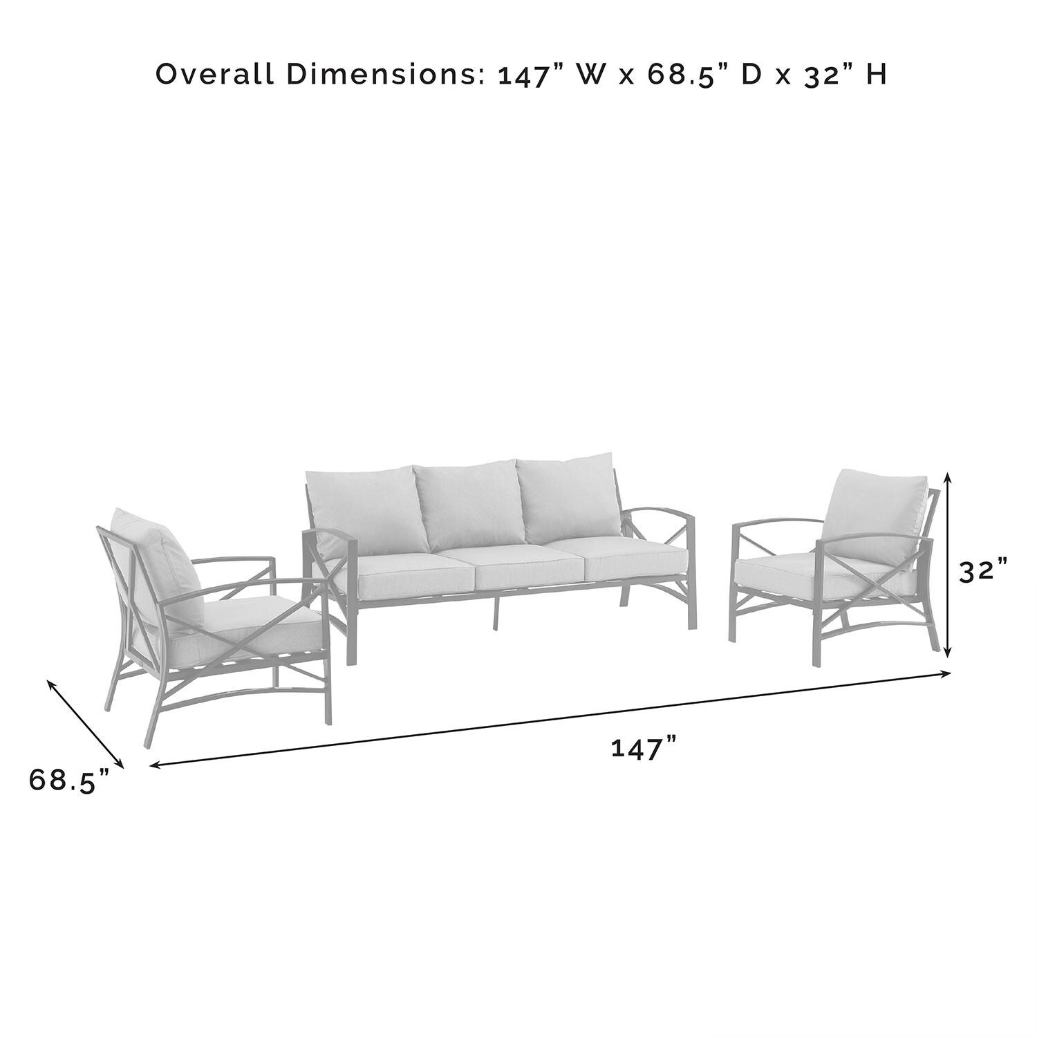 Ultimate Patio UP-82263BZ-OL 3Pc Outdoor Sofa Patio Furniture Set in Oatmeal - Overall Dimensions - Diagram thumbnail
