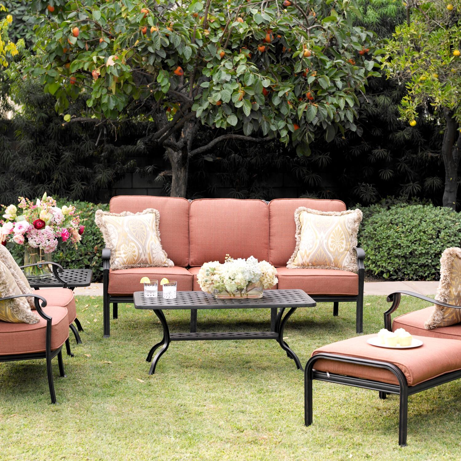 Darlee B/DL108-6PC-30AB St. Cruz 6 Piece Cast Aluminum Patio Conversation Set W/ 21 Inch Square End Table, 42 X 21 Inch Rectangular Coffee Table & Spicy Chili Cushions thumbnail