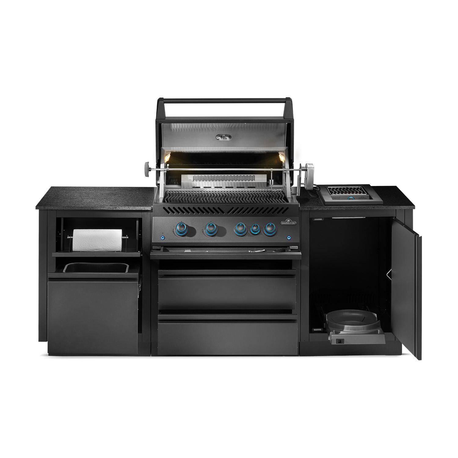 Napoleon ODK300-BIG32RBNMK-1 Oasis 300 7 1/2 Ft Outdoor Kitchen Island w/ Natural Gas Grill & Side Burner - Interior Lights On - White Background thumbnail