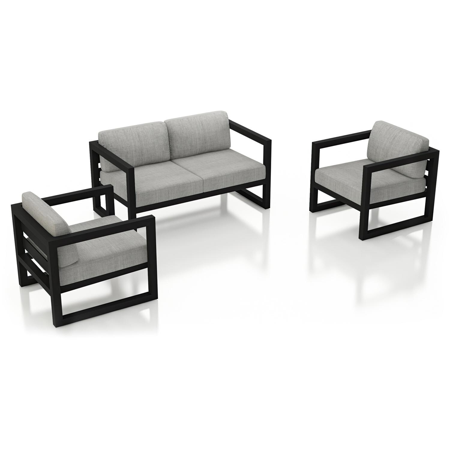 Lakeview MSTYCV-BK-3LSS-CS Misty Cove 3 Pc Aluminum Seating Set in Black w/Loveseat & Cast Silver Cushions by Lakeview Outdoor Designs - Set Angled View - White Background thumbnail