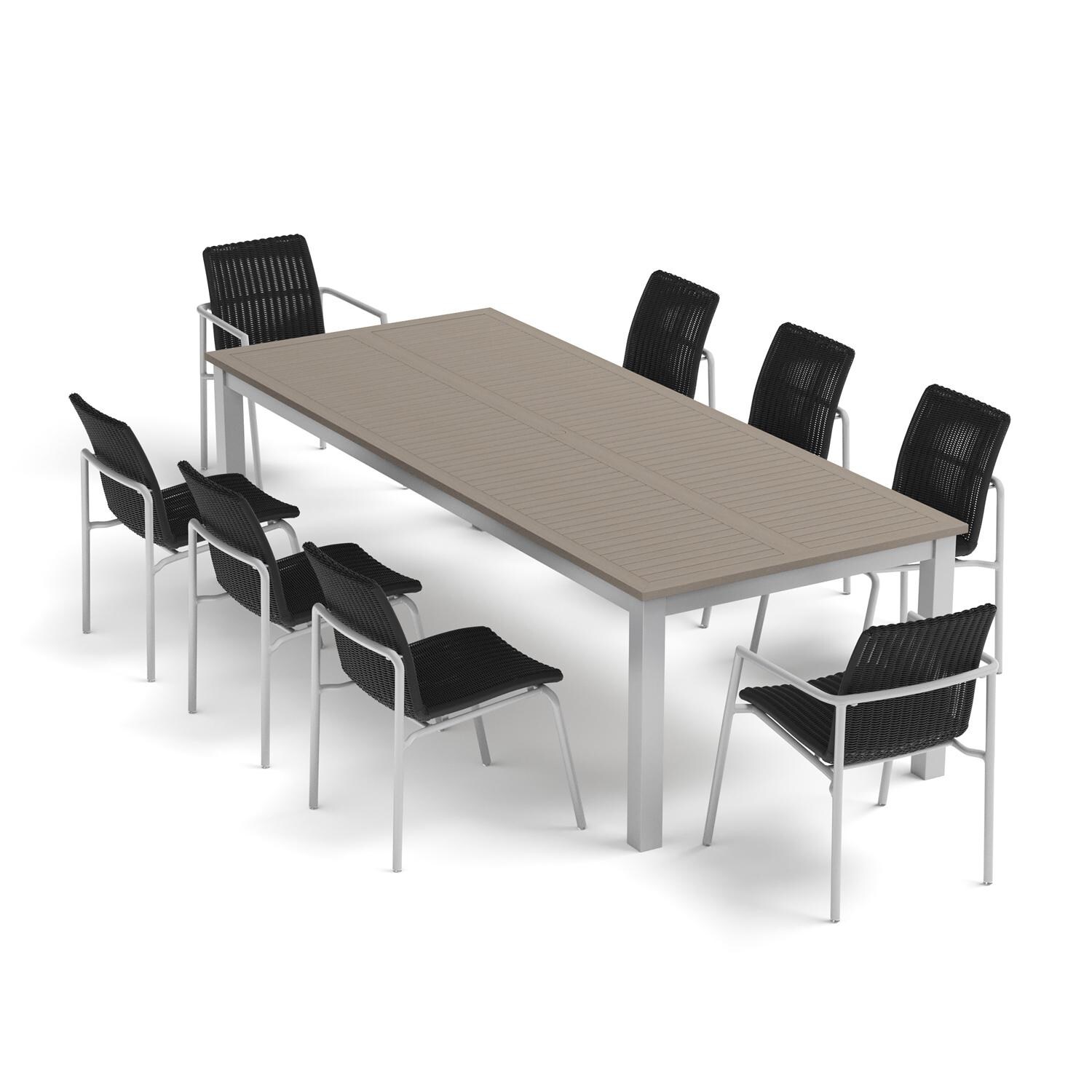 Oxford Garden Orso 9 Pc Wicker & Aluminum Dining Set W/ Vintage Tekwood Table Top in Flint/Shadow - Top View thumbnail