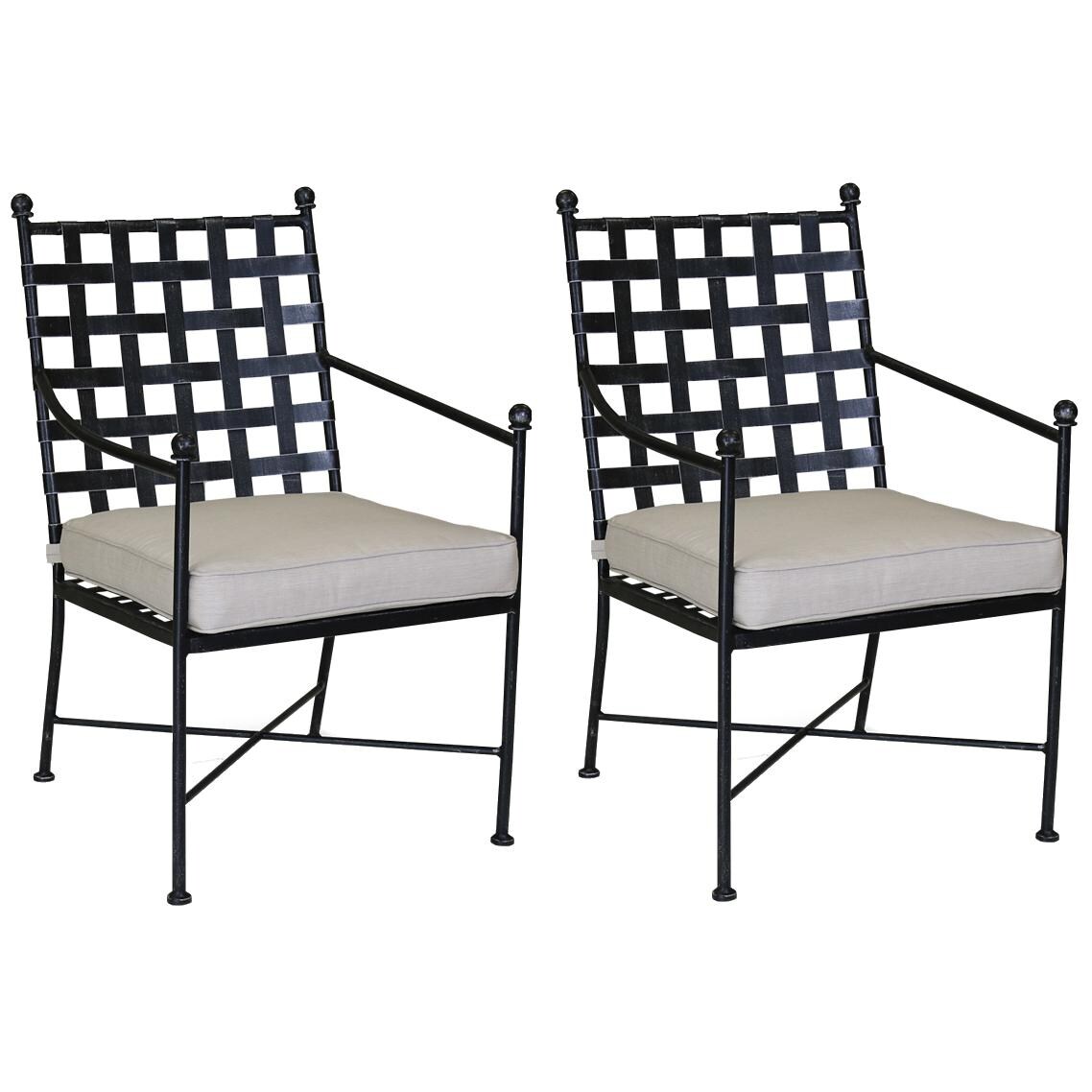 Provence 2 Piece Wrought Iron Patio Dining Arm Chair Set W/ Sunbrella Canvas Flax Cushions By Sunset West thumbnail