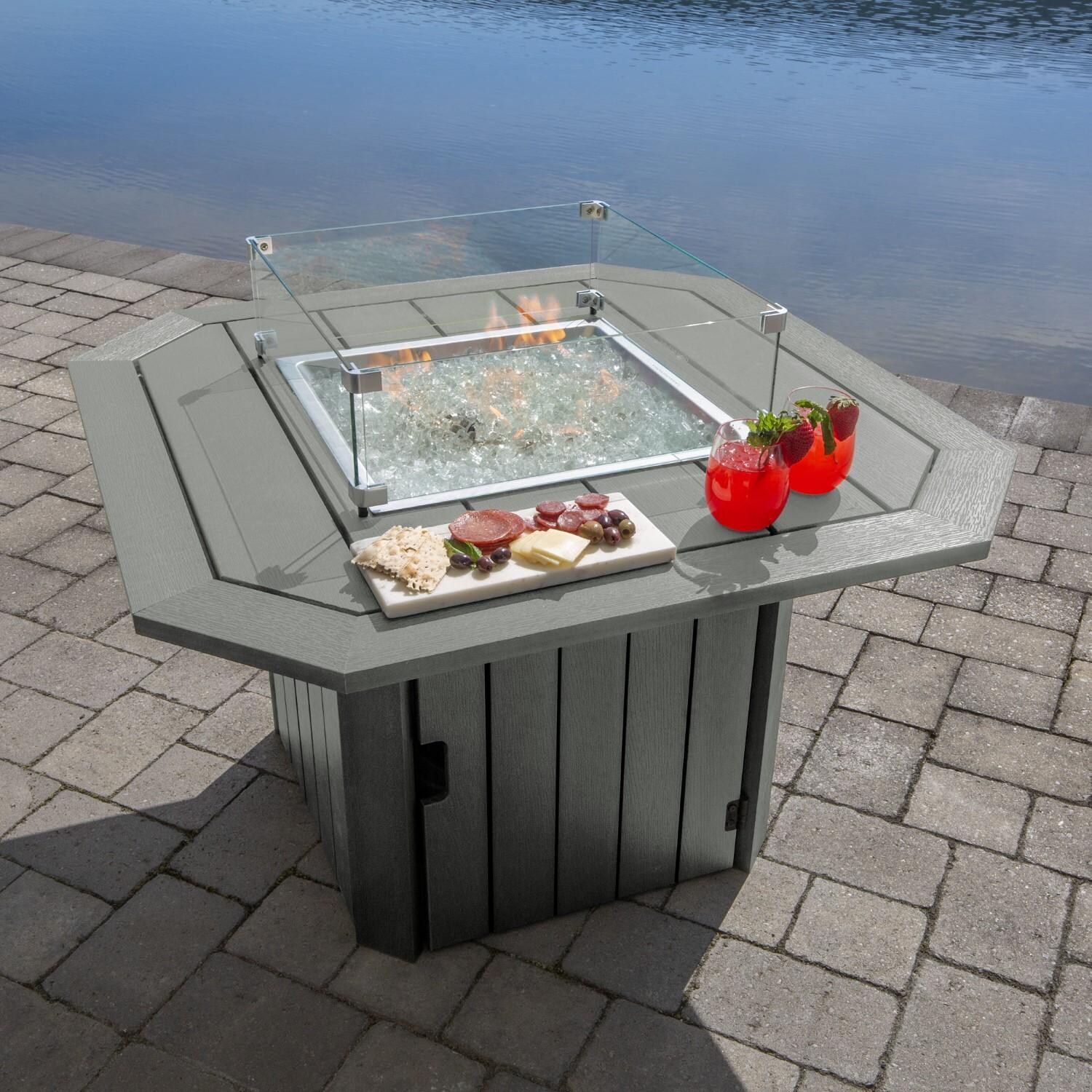 Harborview Octagonal Fire Pit Table in Coastal Teak by Lakeview Outdoor Designs - Top View - Lifestyle thumbnail