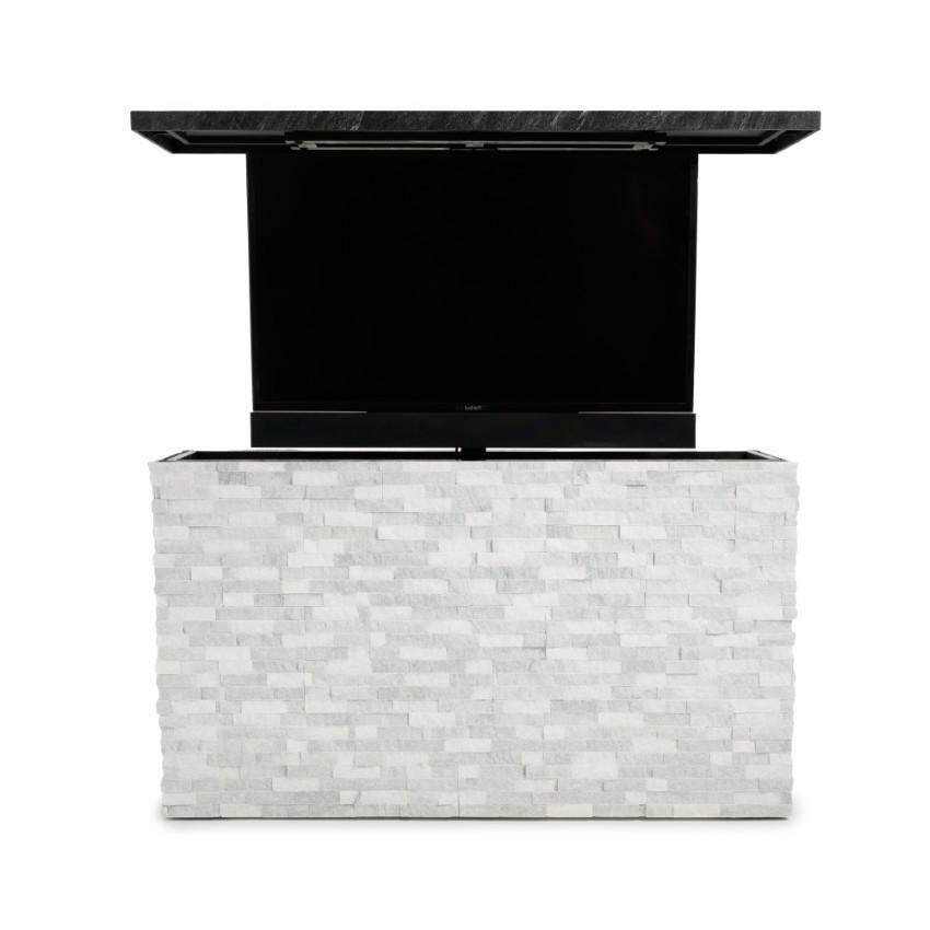 BBQGuys Signature 72 Inch 360 Degree Swivel Outdoor TV Lift Cabinet | Alaska Gray w/ Black Aluminum - Shown w/ TV (Not Included) - White Background thumbnail