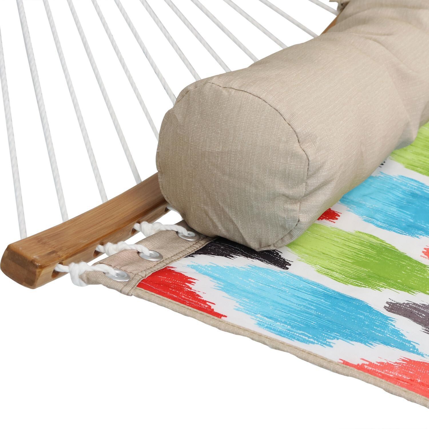 Ultimate Patio Quilted Double Hammock w/ Curved Spreader Bars & Pillow - Vivid Mult-Color Quatrefoil - Close-Up thumbnail