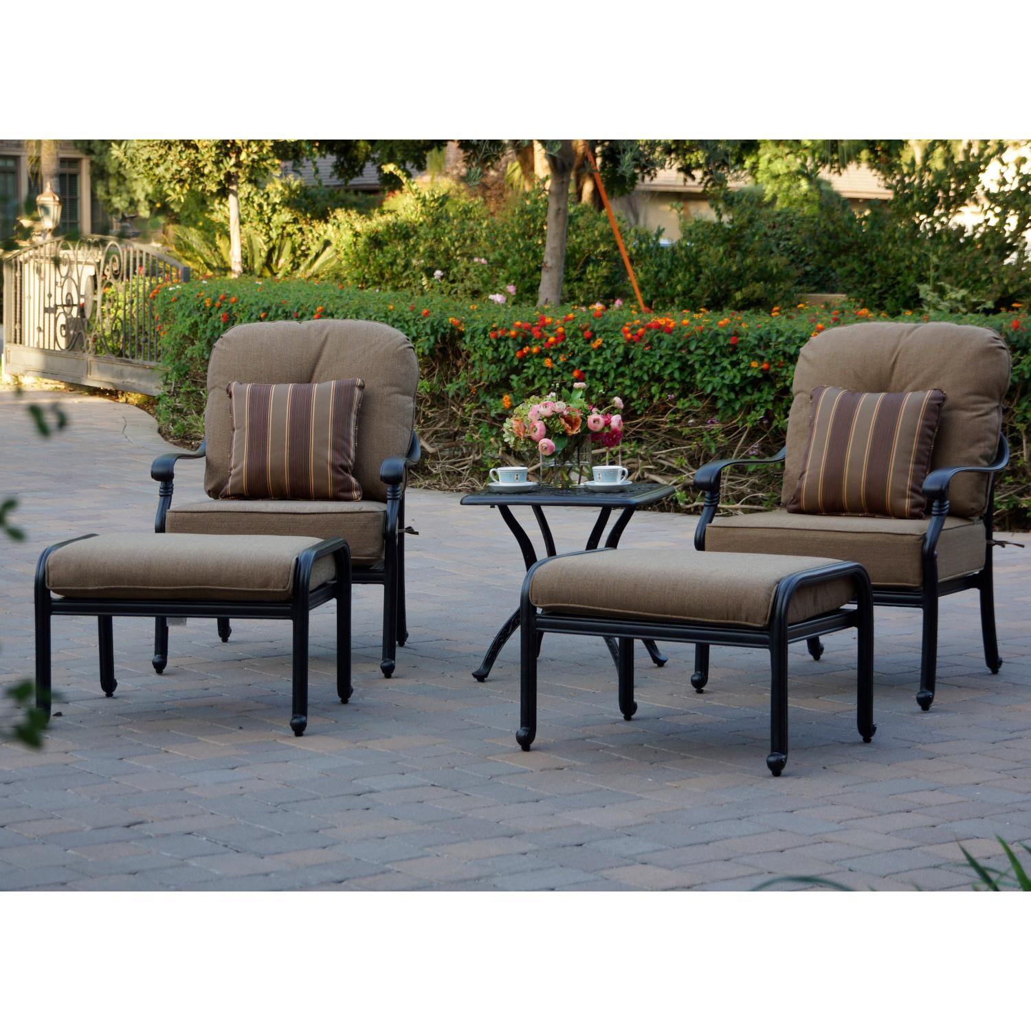 Darlee DL2058-5PC-80S Santa Monica 5 Piece Cast Aluminum Patio Conversation Set W/ 21 Inch Square End Table & Sesame Cushions - Lifestyle thumbnail