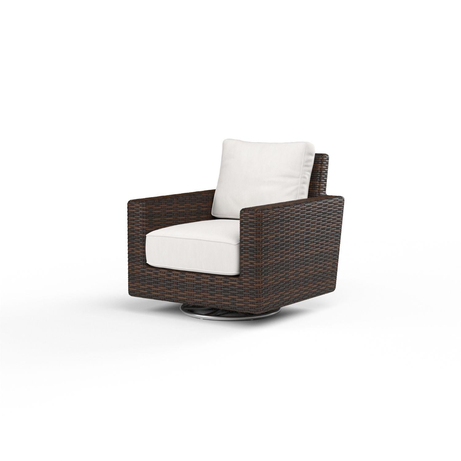 Montecito Wicker Patio Swivel Rocker Club Chair W/ Sunbrella Canvas Flax Cushions By Sunset West - Left Angle - White Background thumbnail