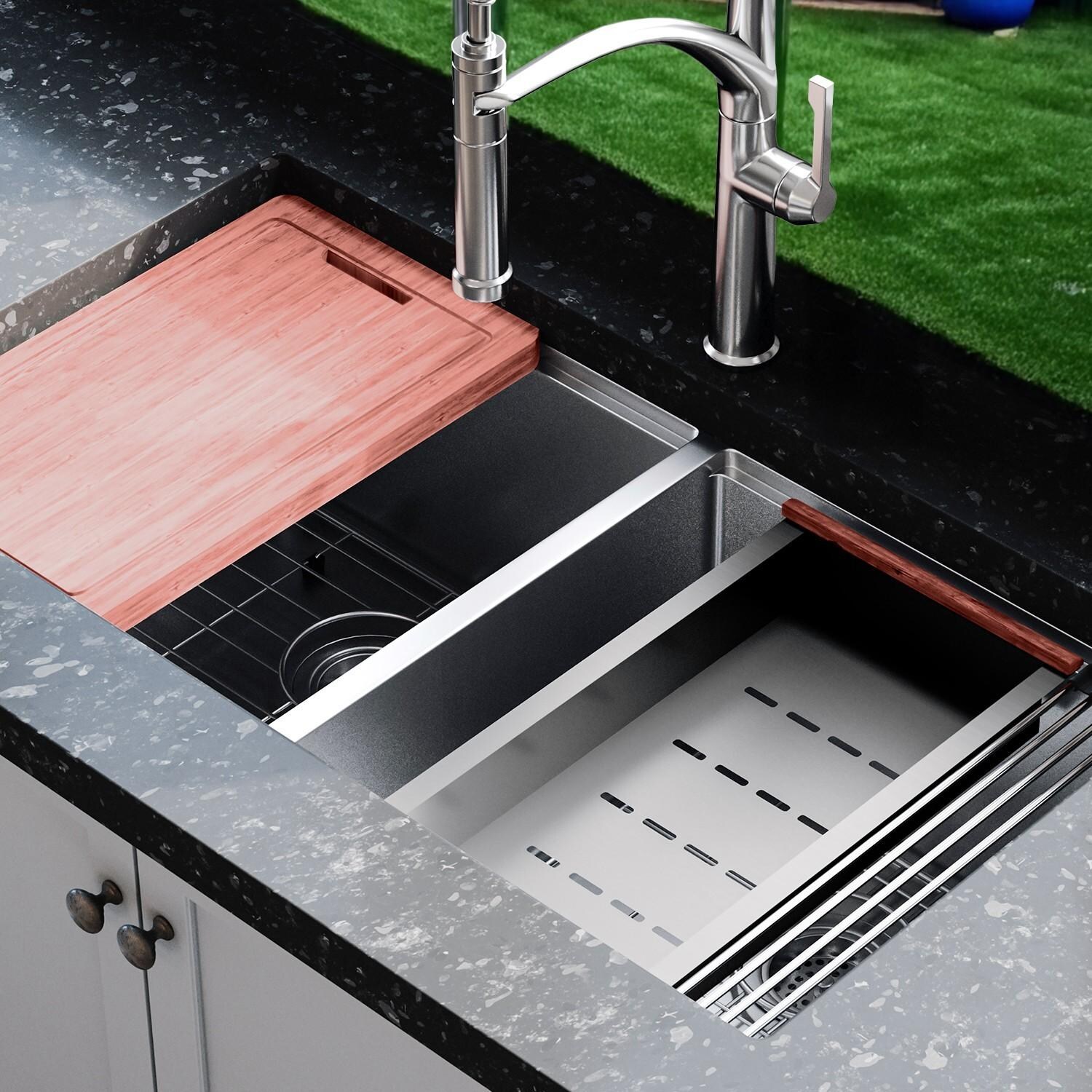 BBQGuys Signature Undermount Stainless Steel Double Bowl 33-Inch Workstation Sink W/Grids, Strainers, and 3 Accessories