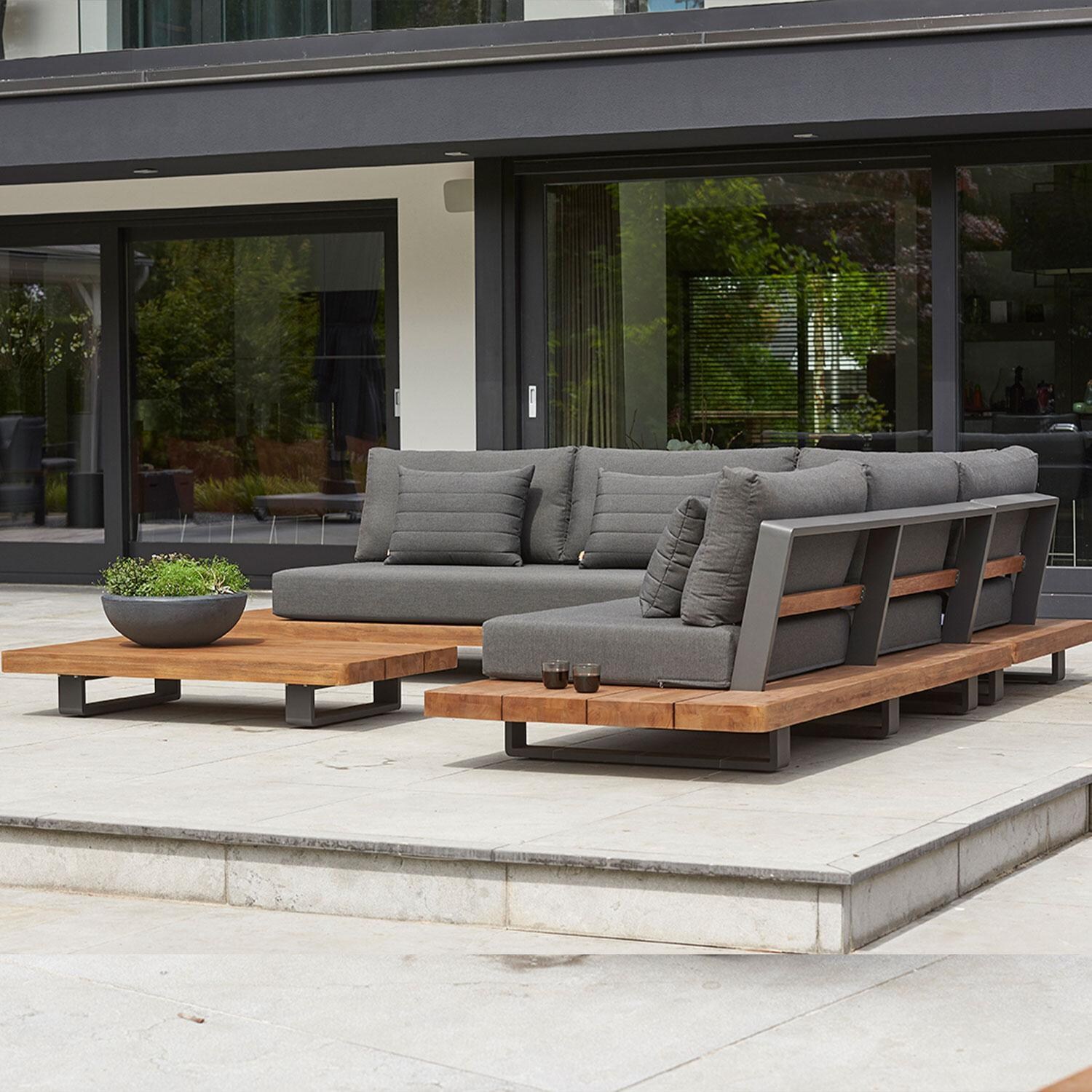 Fitz Roy 4 Pc Aluminum/Teak Sectional Seating Corner Set in Lava By KETTLER - Side View - Lifestyle thumbnail