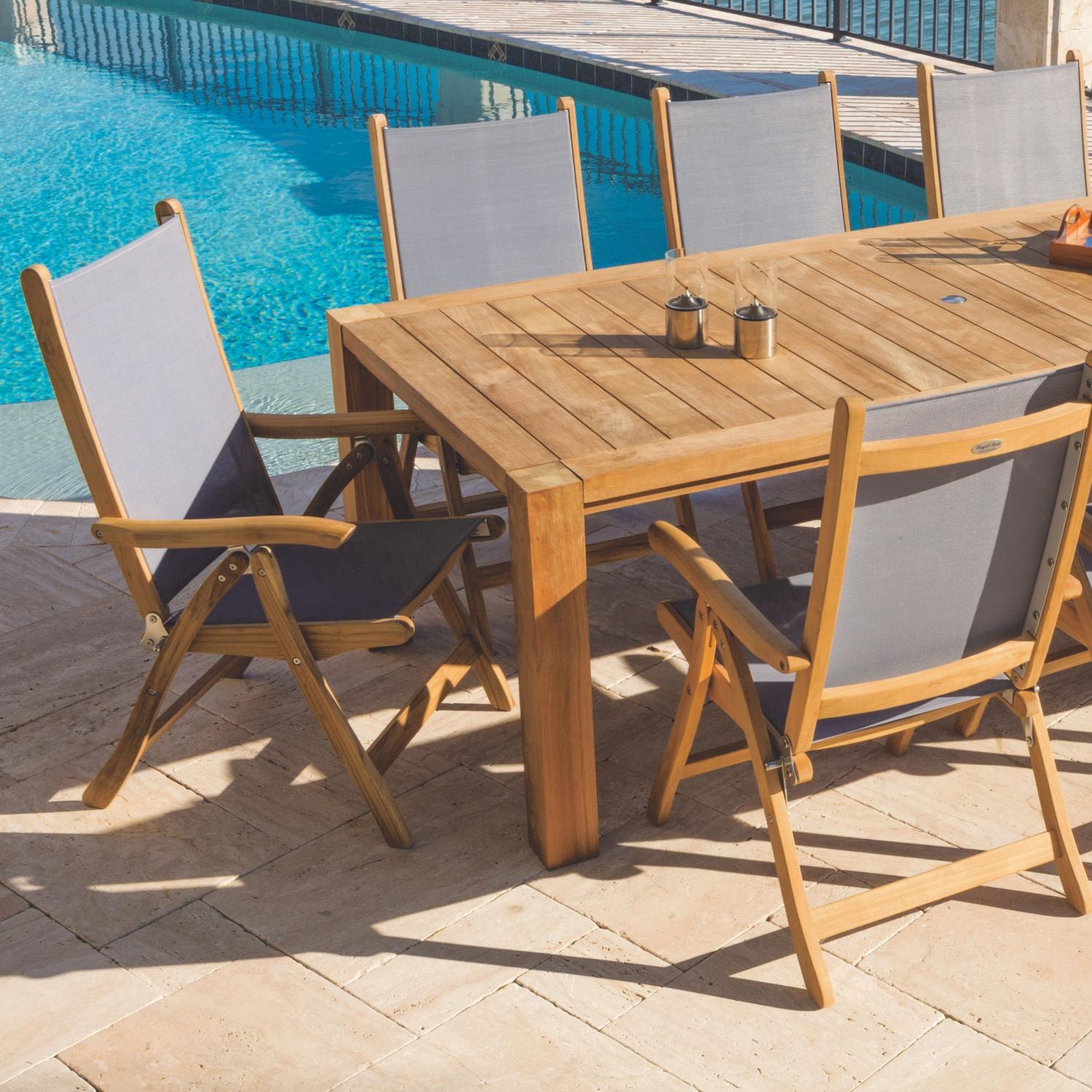 Florida Reclining & Folding Teak Patio Dining Arm Chair W/ Gray
