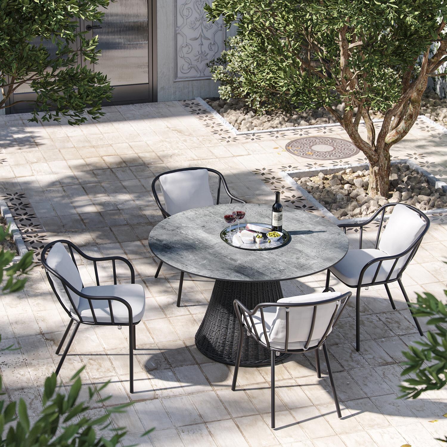 Malti 5 Pc Aluminum Dining Set W/ Shadow Resin Wicker Base & Skyline HPL Table Top in Carbon/Bliss Linen By Oxford Garden