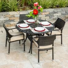 Gentilly 5 Piece Wicker Patio Dining Set W/ 48 Inch Round Table & Sunbrella Canvas Antique Beige Cushions By Lakeview Outdoor Designs image