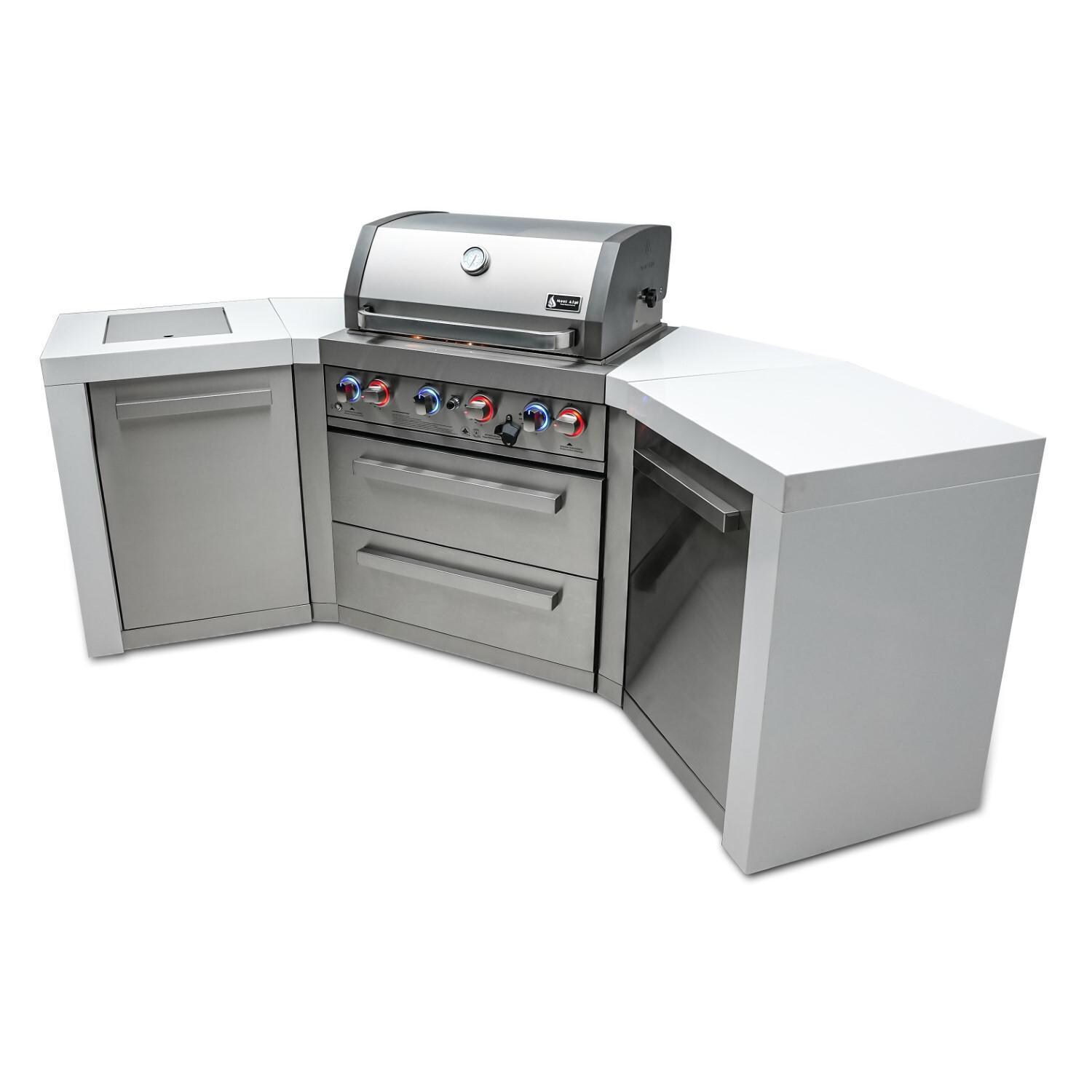 Mont Alpi - MAi400-D45 - Deluxe 45 Degree Propane Gas Island Grill W/ Infrared Side Burner & Rotisserie Kit - Closed With Burners On Angled - White Background