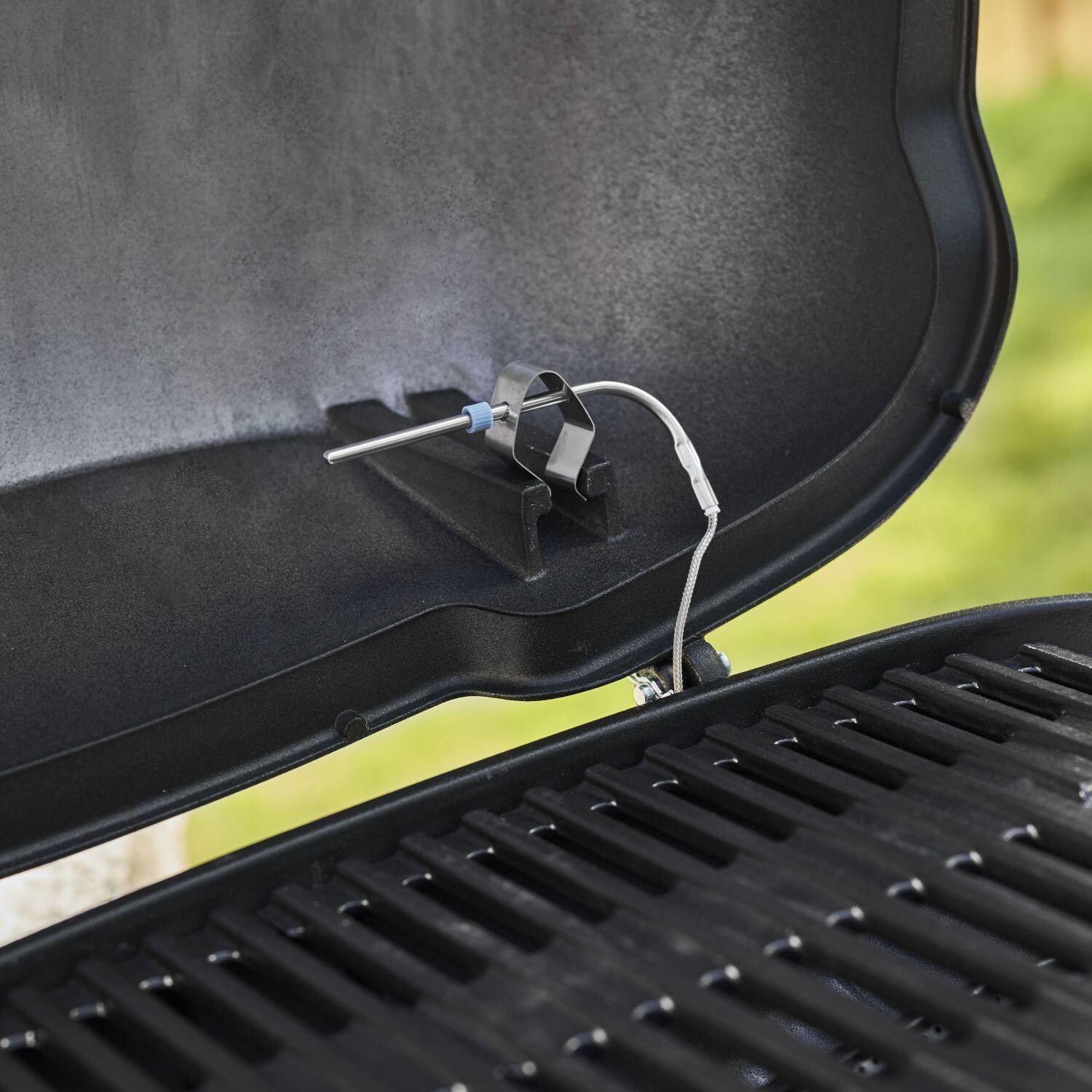 Weber 1500379 Q2800N+ Portable Propane Gas Grill in Sky Blue - Temperature Probe Clipped in Grill Lid Shown in Charcoal Gray - Detail thumbnail