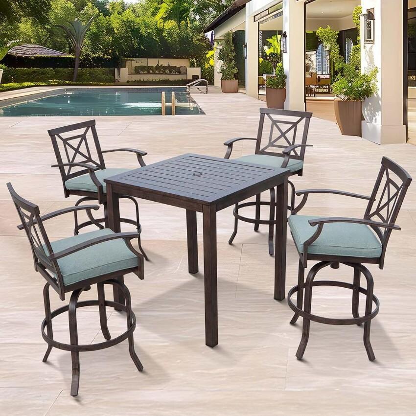 Atlantis Aluminum Swivel Bar Stool Set of 4 w/ Spa Cushions in Walnut By Darlee - Shown w/ Set - Lifestyle thumbnail