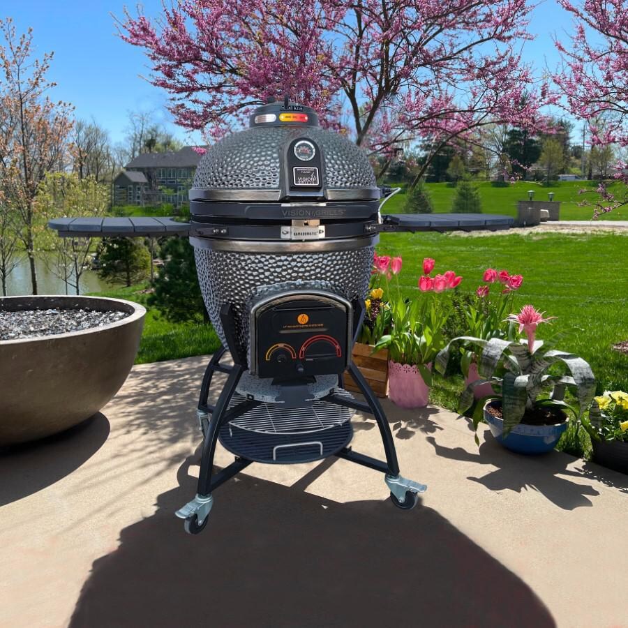 Vision Grills XD-402MG Vision Elite Series XD402 Deluxe 20-Inch Kamado Grill - Metallic Gun Metal Grey - Outside on Patio thumbnail