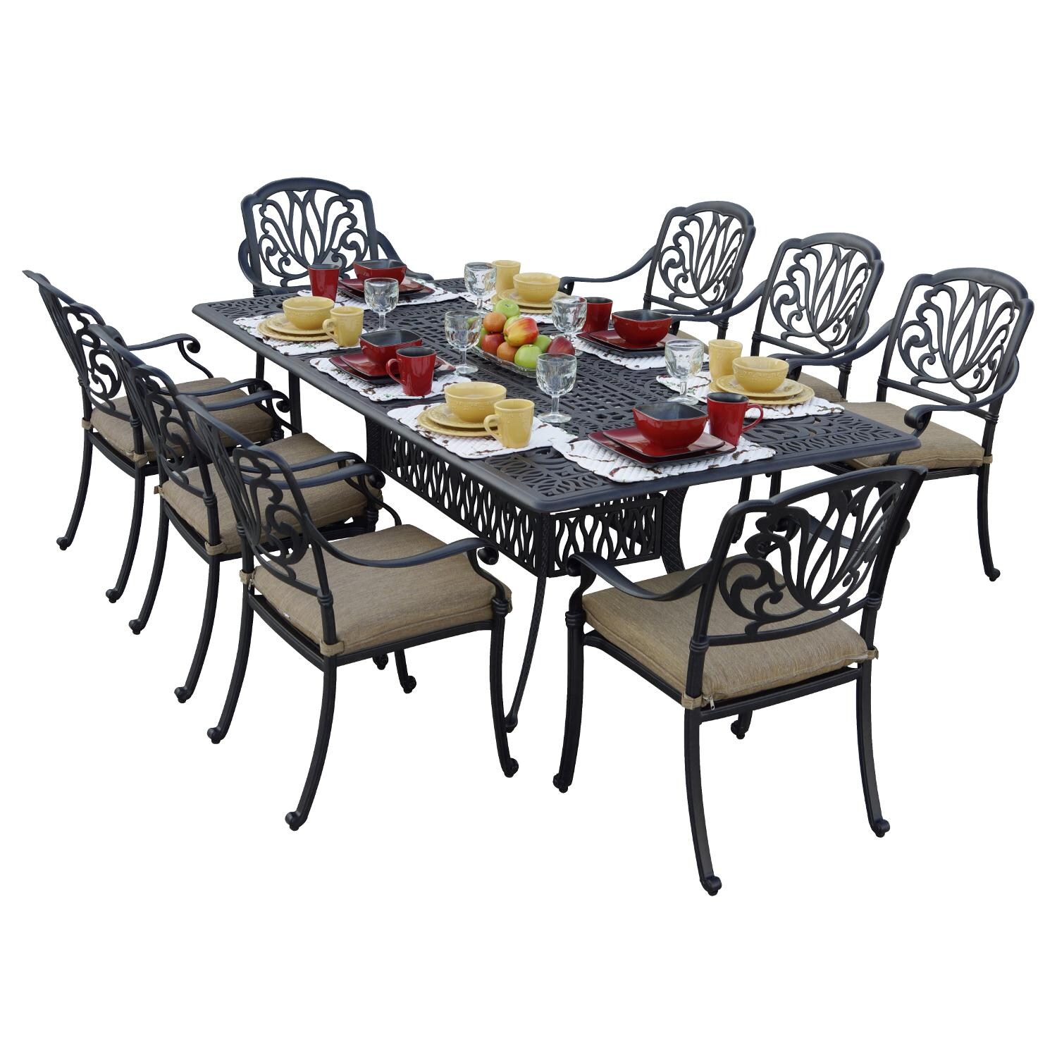 Elisabeth 9 Pc Cast Aluminum Dining Set w/ 84 X 44 Inch Table in Antique Bronze/Sesame by Darlee
