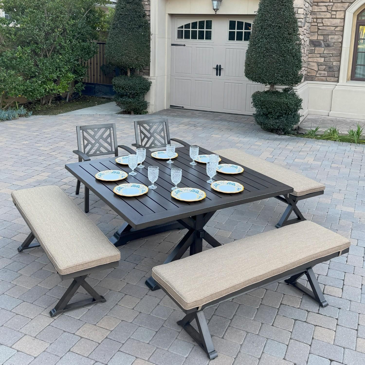 Brooklyn 6 Pc Aluminum Dining Set w/ 59 Inch Square Table in Sesame/Multi-brown by Darlee - Hero - Lifestyle thumbnail