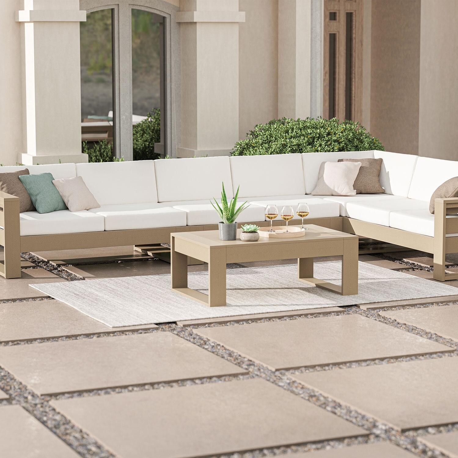 Latitude 4 Person Sectional Sofa in Vintage White/Dune Burlap By PW Designer Series - Shown in Vintage Sahara/Dune Burlap Finish - Backyard - Left View - Lifestyle thumbnail