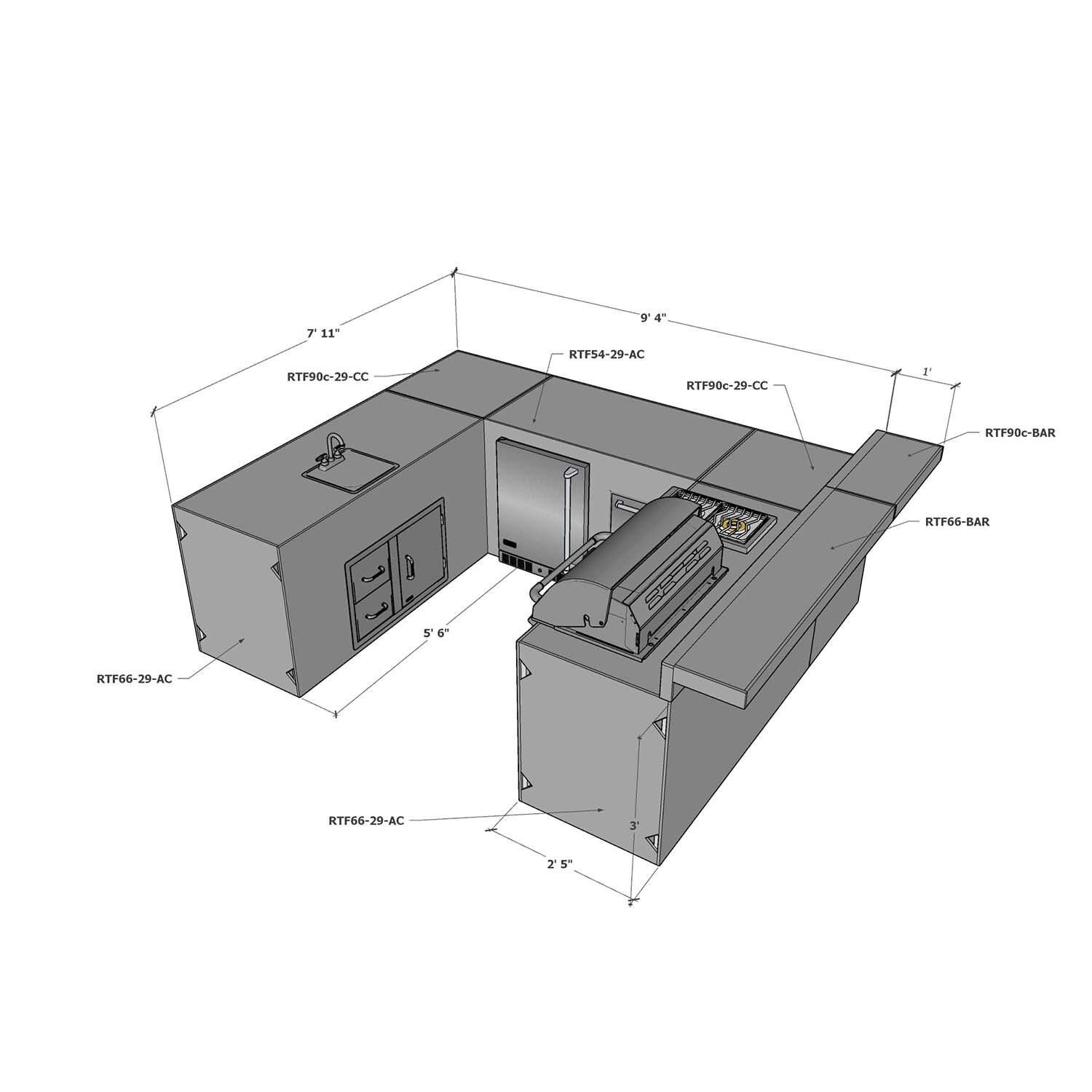 Universal 8 ft X 9.5 ft X 8 ft Ready To Finish U-Shaped Outdoor Kitchen System Appliance and Storage Cabinets W/Bars On 66 Inch & 90 Degree Corner Cabinets - W/Appliances Back - Dimensional thumbnail