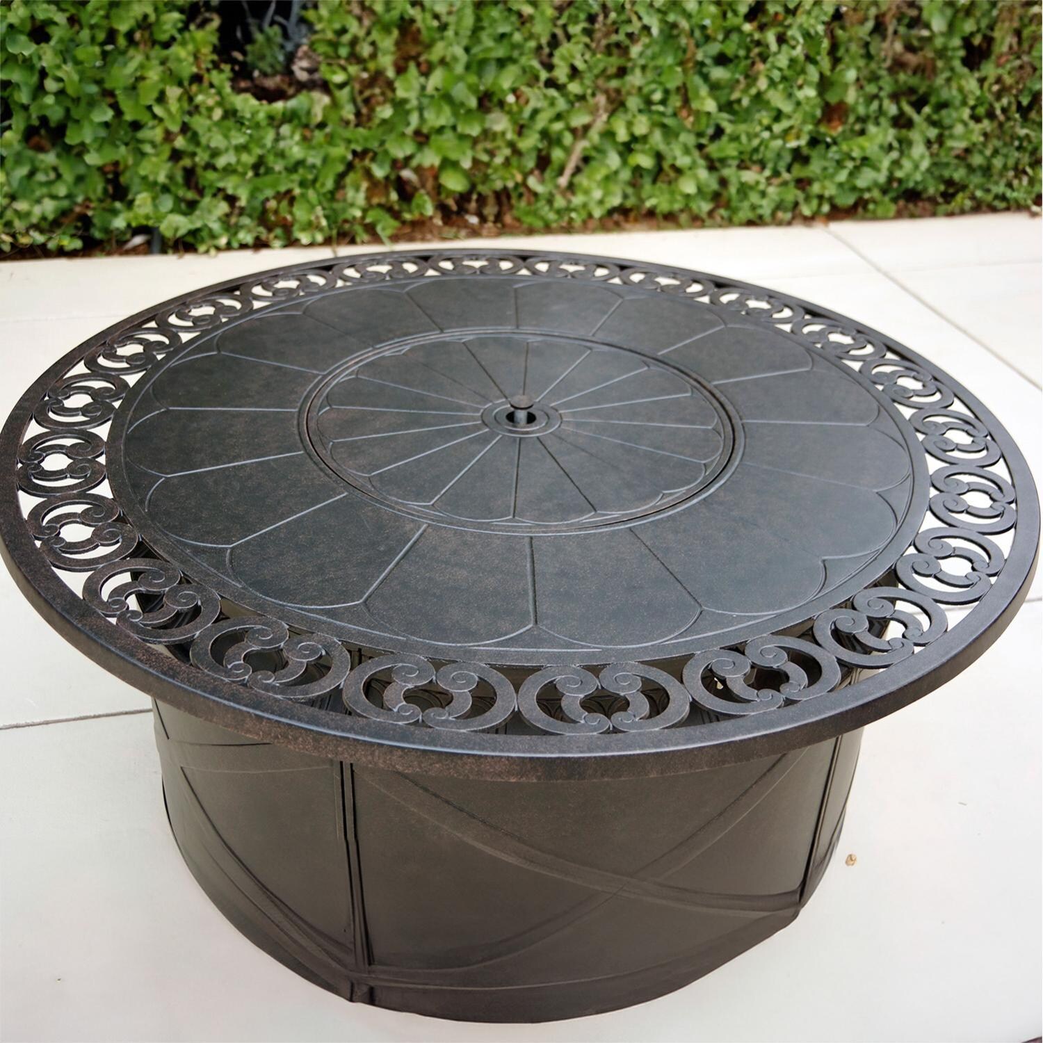 Darlee Nassau 4-Piece Patio Propane Fire Pit Sofa Conversation Set with Cushions and 47 Inch Round Fire Pit Chat Table and Fireglass - Table - Lifestyle thumbnail