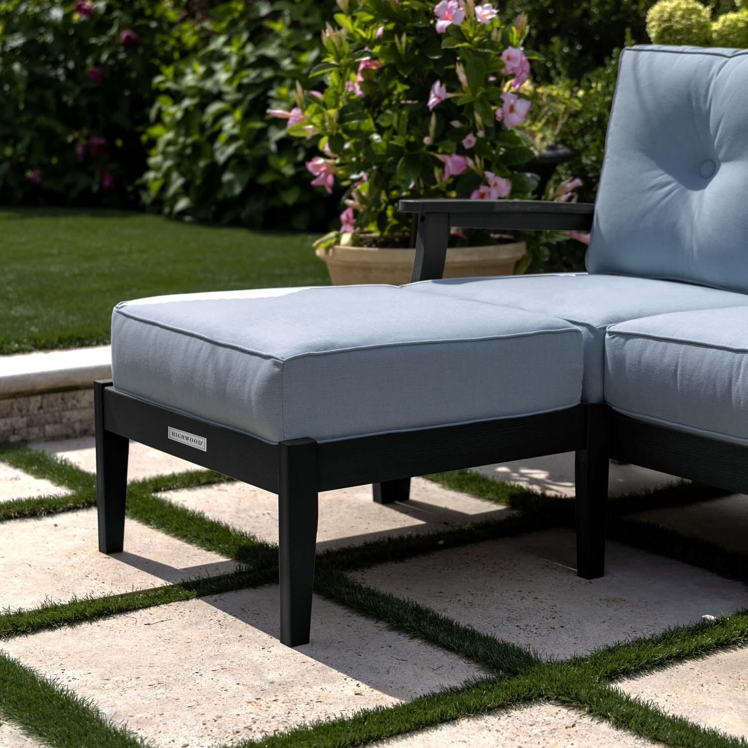 Blushing Bay Recycled Plastic Ottoman in Bliss Dew/Black by Lakeview Outdoor Designs - Shown w/ Chair (Not Included) - Lifestyle thumbnail