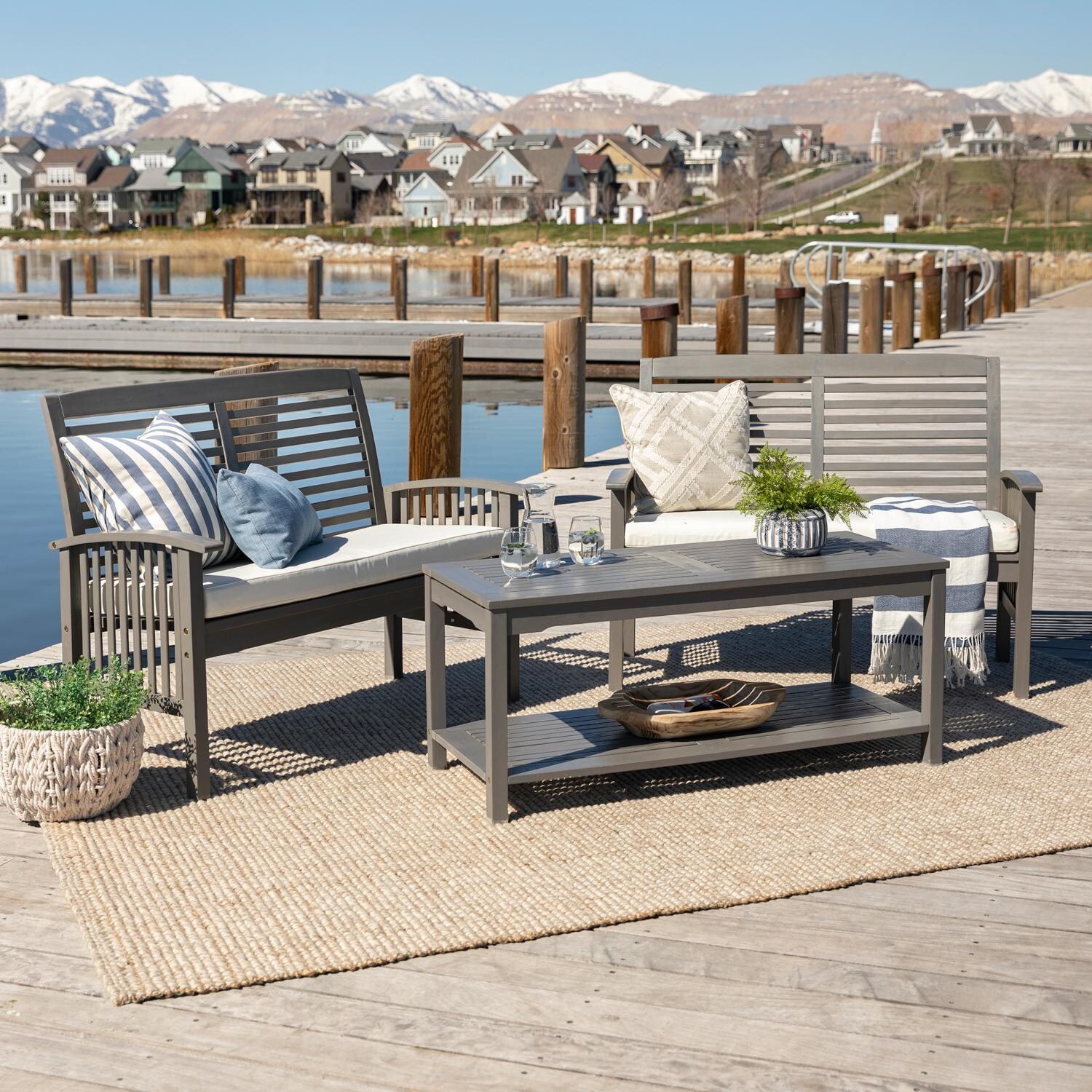 Ultimate Patio 3 Piece Acacia Patio Conversation Set W/ 47 X 19 1/2 Inch Rectangular Table - Gray Wash - Lifestyle thumbnail